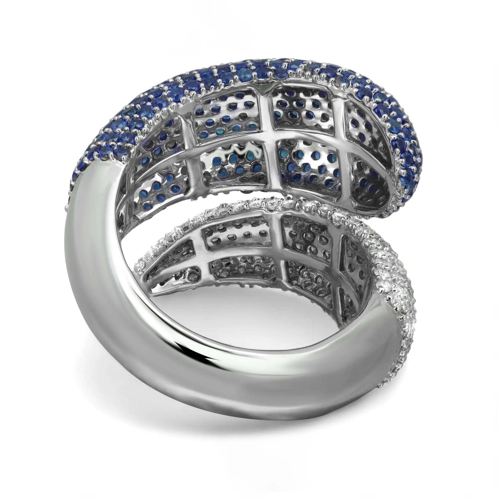 Modern Blue Sapphires 2.22Ctw and Diamond 1.26Ctw Bypass Cocktail Ring 14K White Gold For Sale