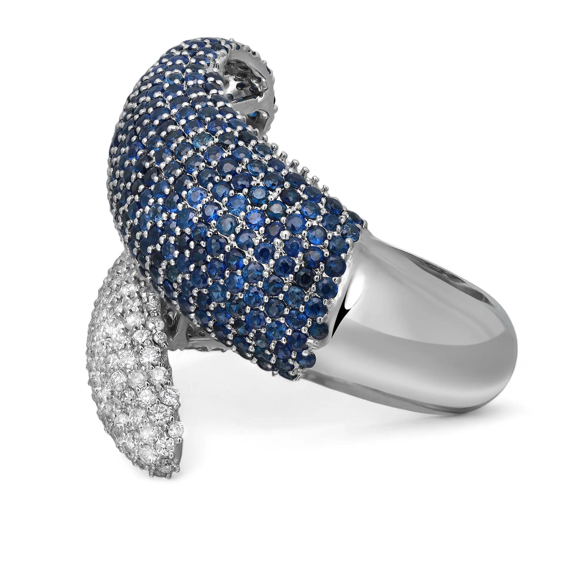 Round Cut Blue Sapphires 2.22Ctw and Diamond 1.26Ctw Bypass Cocktail Ring 14K White Gold For Sale