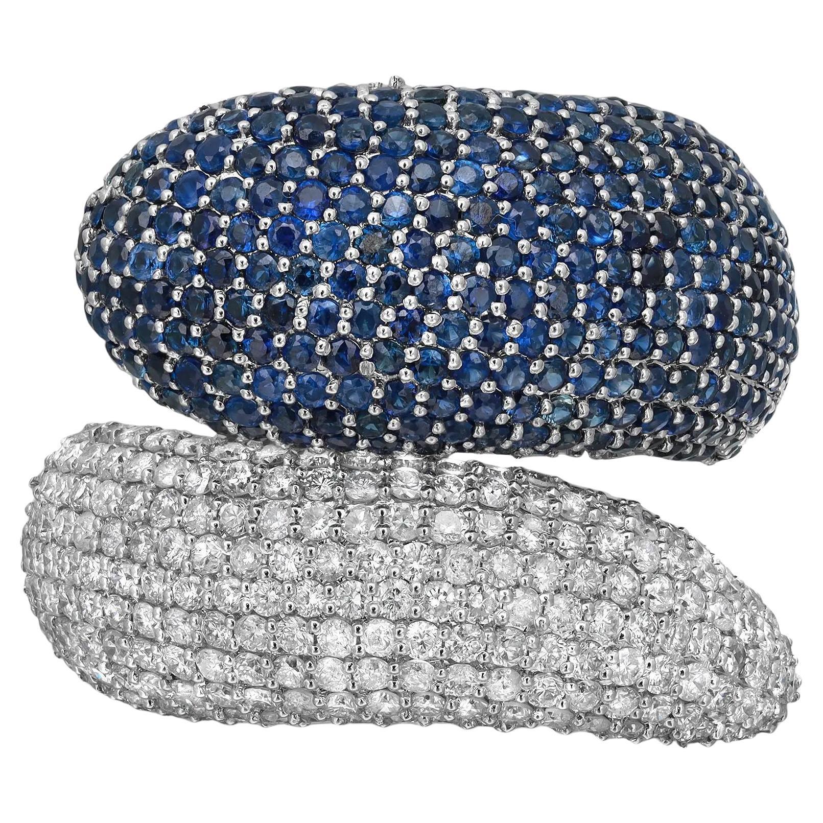Blue Sapphires 2.22Ctw and Diamond 1.26Ctw Bypass Cocktail Ring 14K White Gold