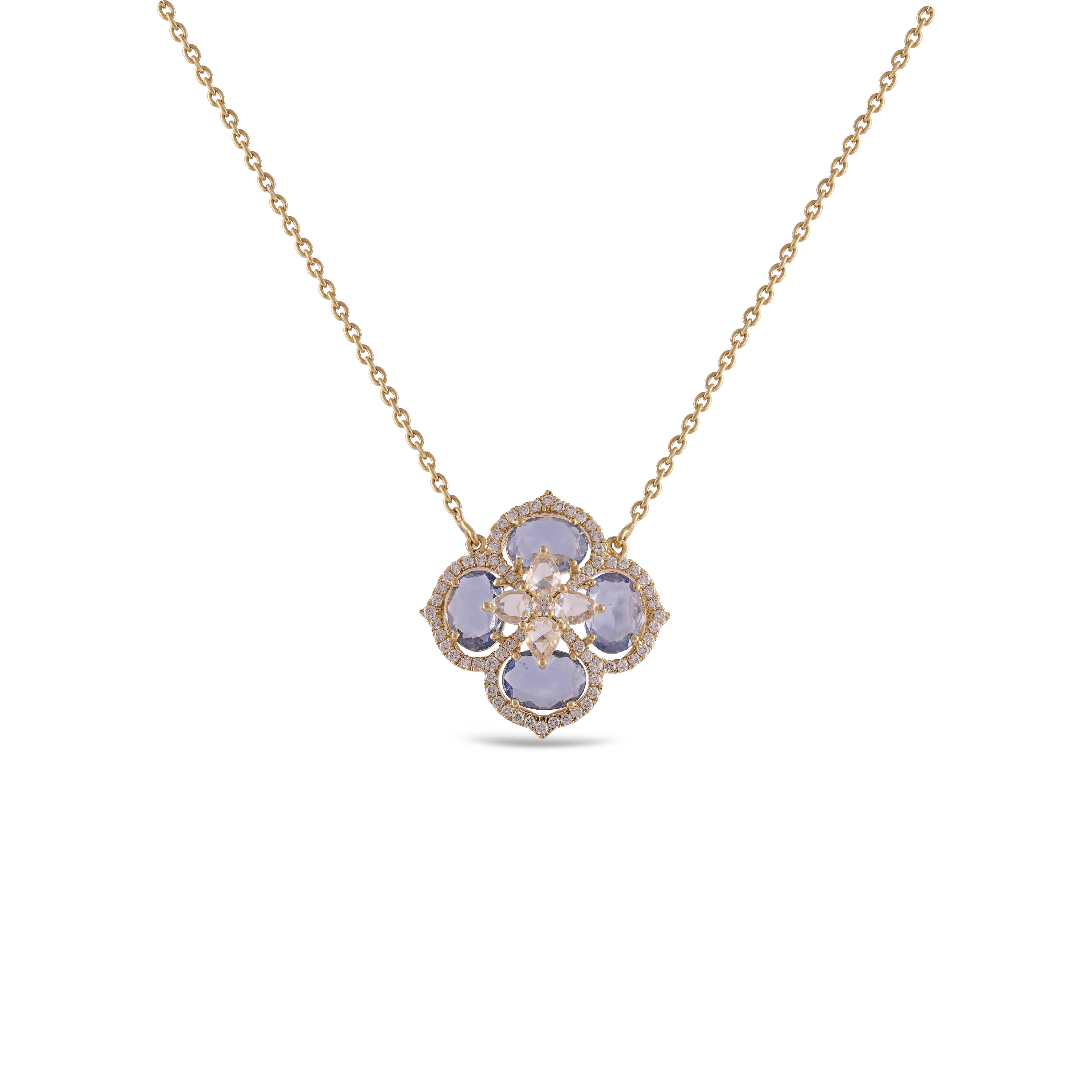 Contemporary Blue Sapphires and Diamond Pendant and Chain in 18 Karat Yellow Gold For Sale