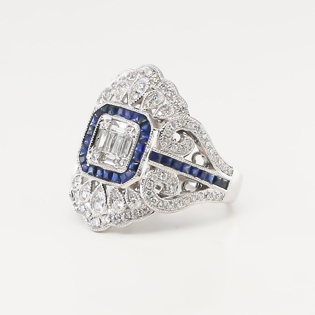 Art Deco Blue Sapphires and Diamonds Ring 18 Karat Gold