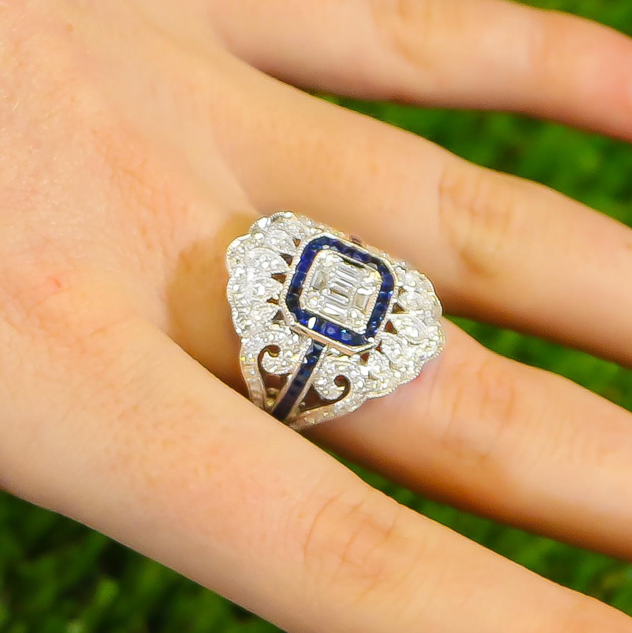 Mixed Cut Blue Sapphires and Diamonds Ring 18 Karat Gold