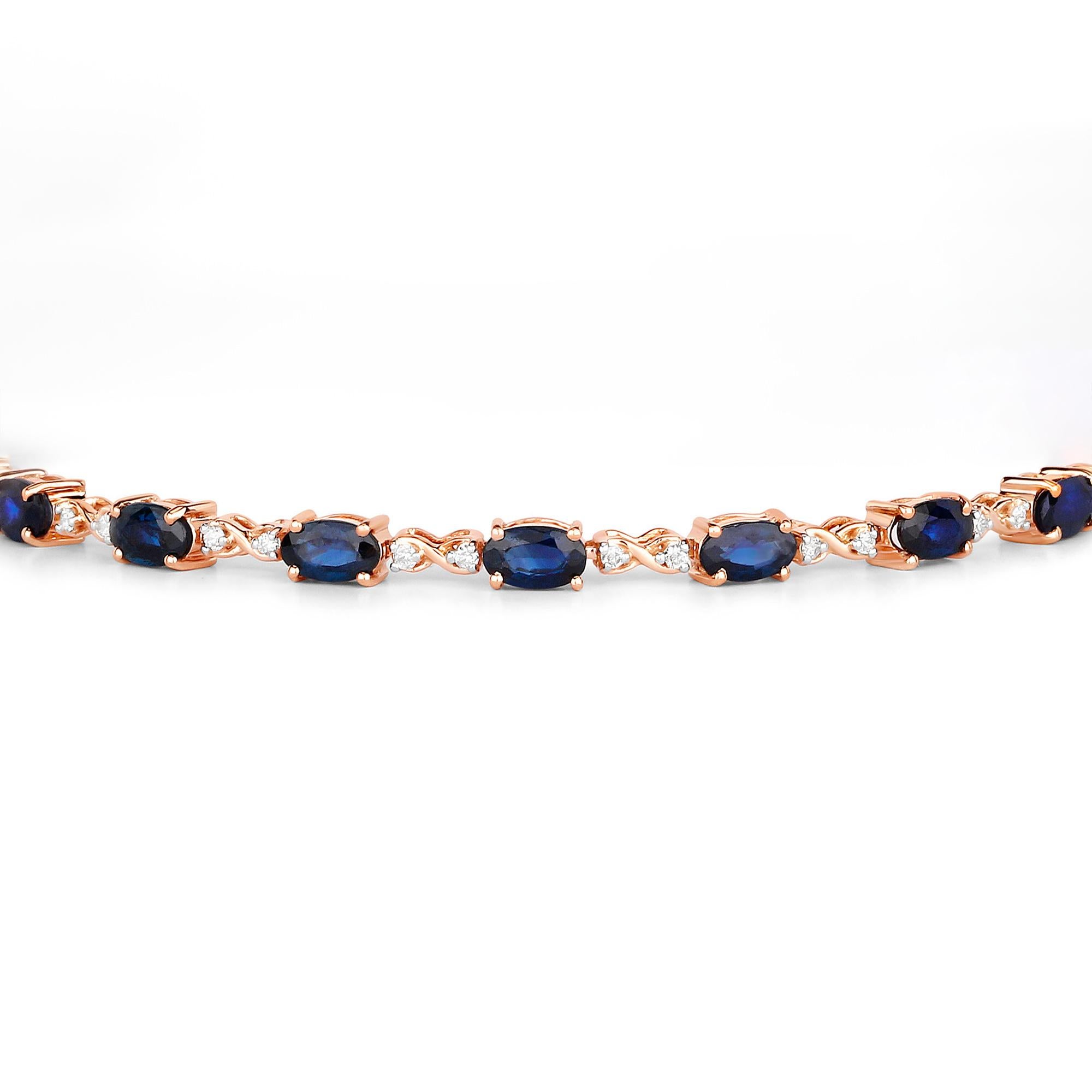Contemporary Blue Sapphires and Diamonds Tennis Bracelet 4.5 Carats 14K Rose Gold For Sale