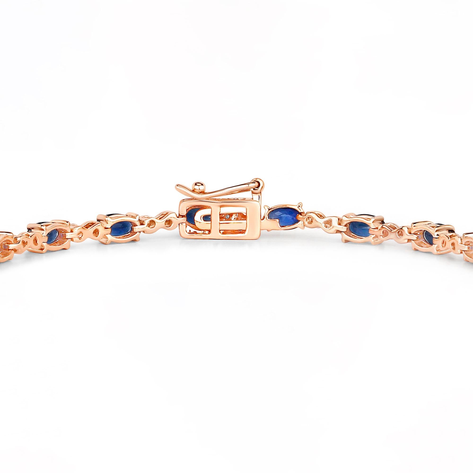 Oval Cut Blue Sapphires and Diamonds Tennis Bracelet 4.5 Carats 14K Rose Gold For Sale