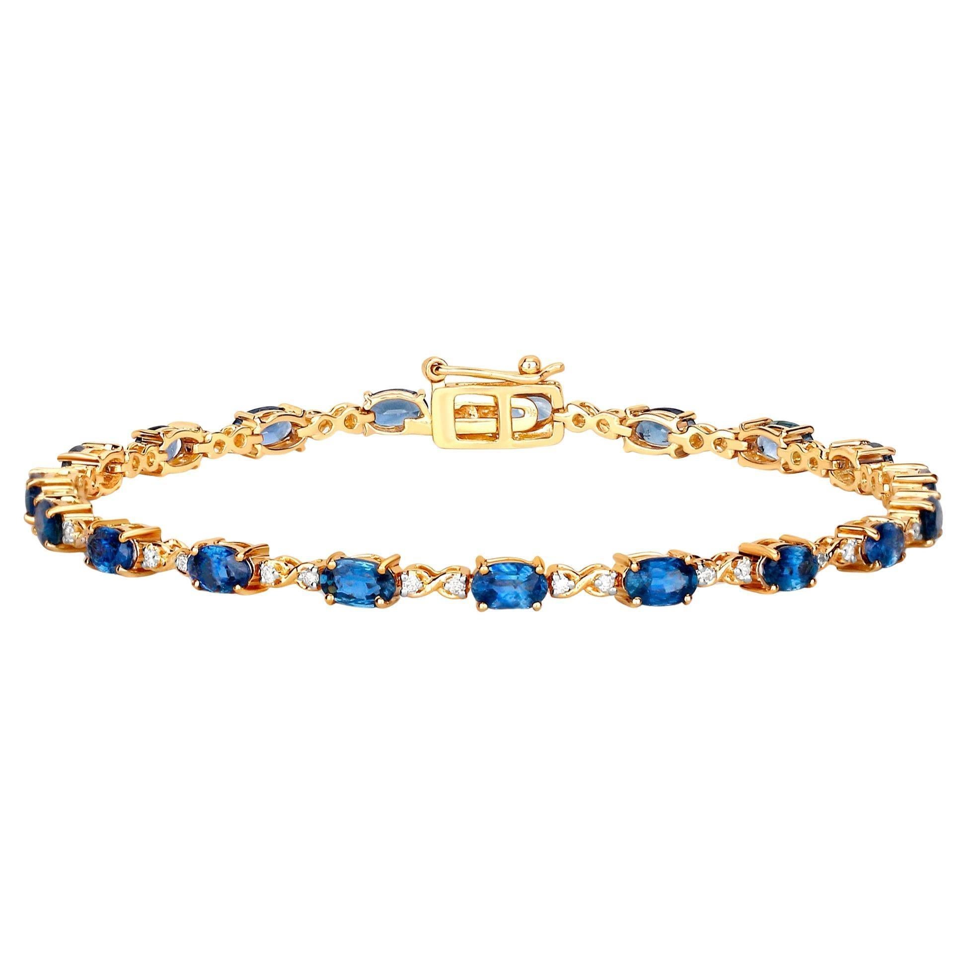 Contemporary Blue Sapphires and Diamonds Tennis Bracelet 4.58 Carats 14K Yellow Gold For Sale