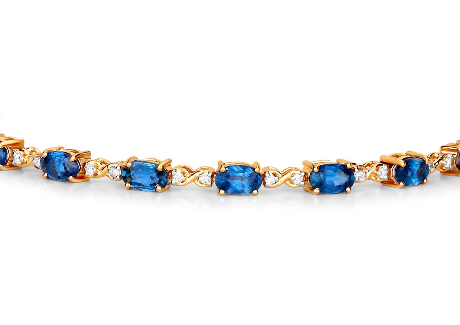 Oval Cut Blue Sapphires and Diamonds Tennis Bracelet 4.58 Carats 14K Yellow Gold For Sale