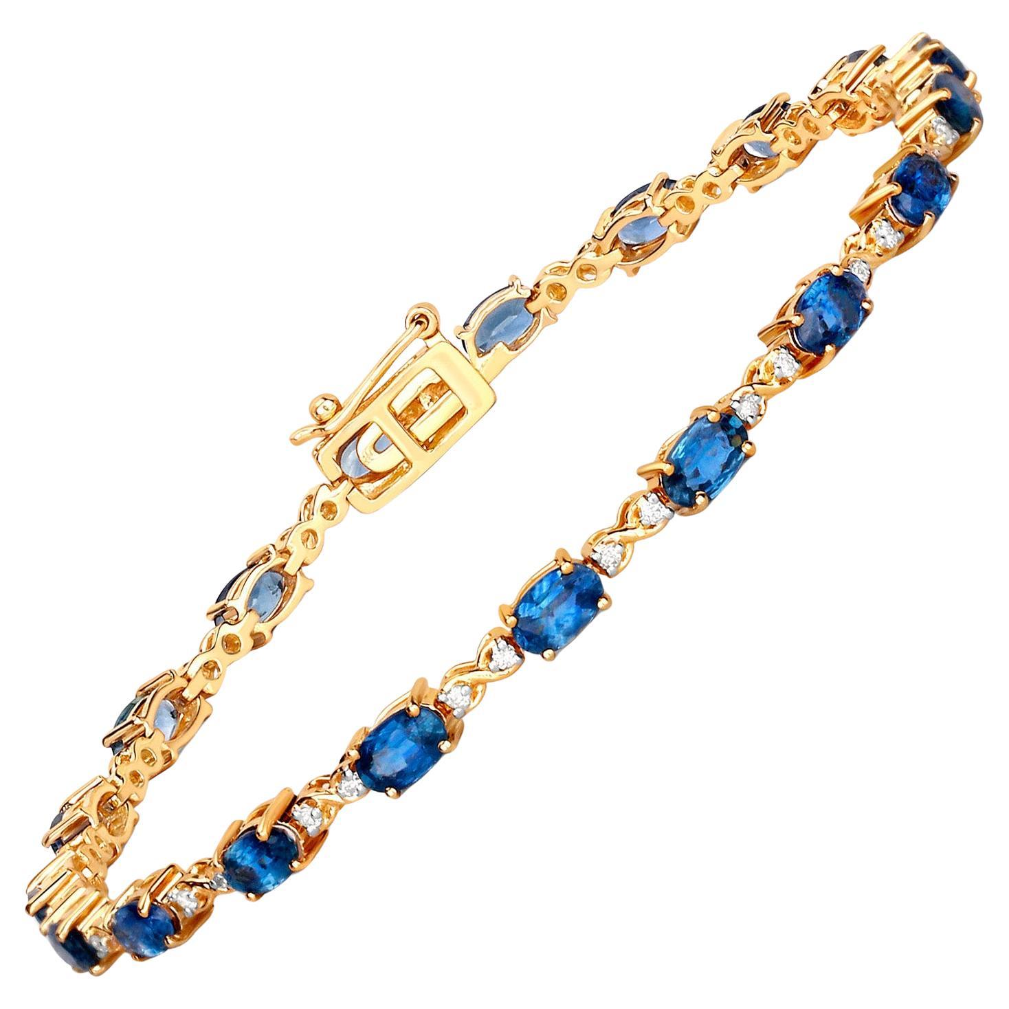 Blue Sapphires and Diamonds Tennis Bracelet 4.58 Carats 14K Yellow Gold For Sale