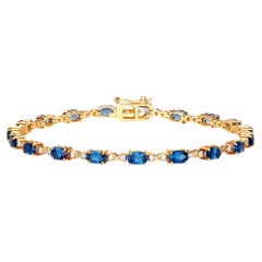 Blue Sapphires and Diamonds Tennis Bracelet 4.58 Carats 14K Yellow Gold