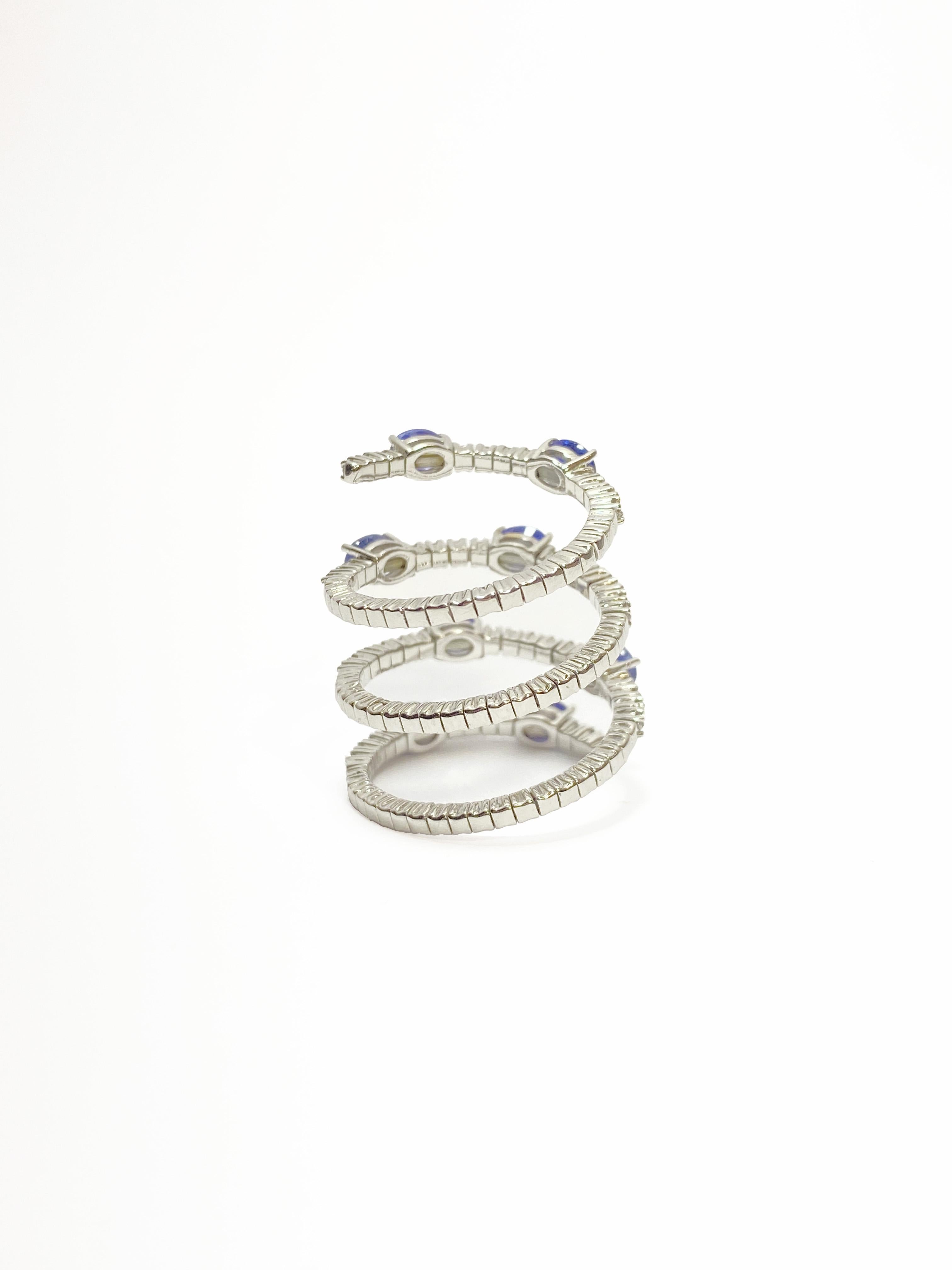 Contemporary Blue Sapphires and Diamonds White Gold Snake Band Ring
