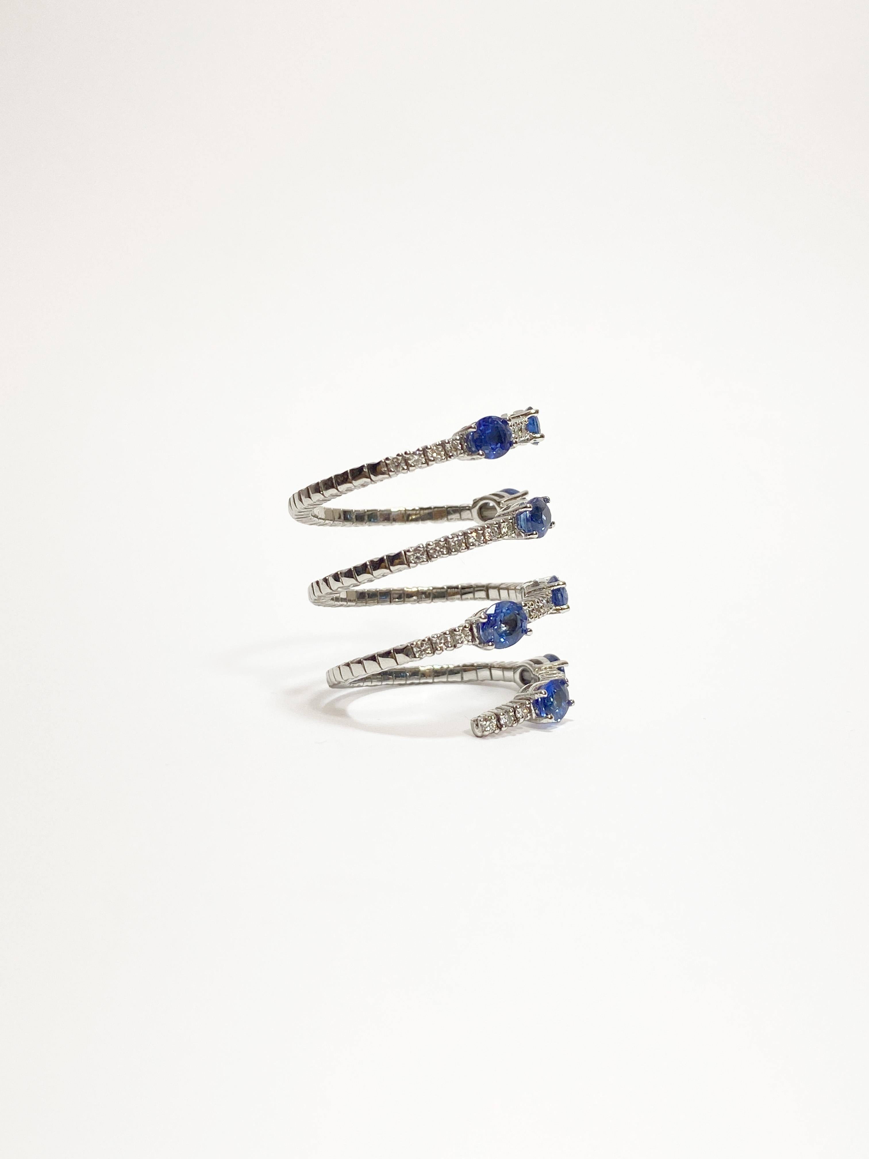 Mixed Cut Blue Sapphires and Diamonds White Gold Snake Band Ring