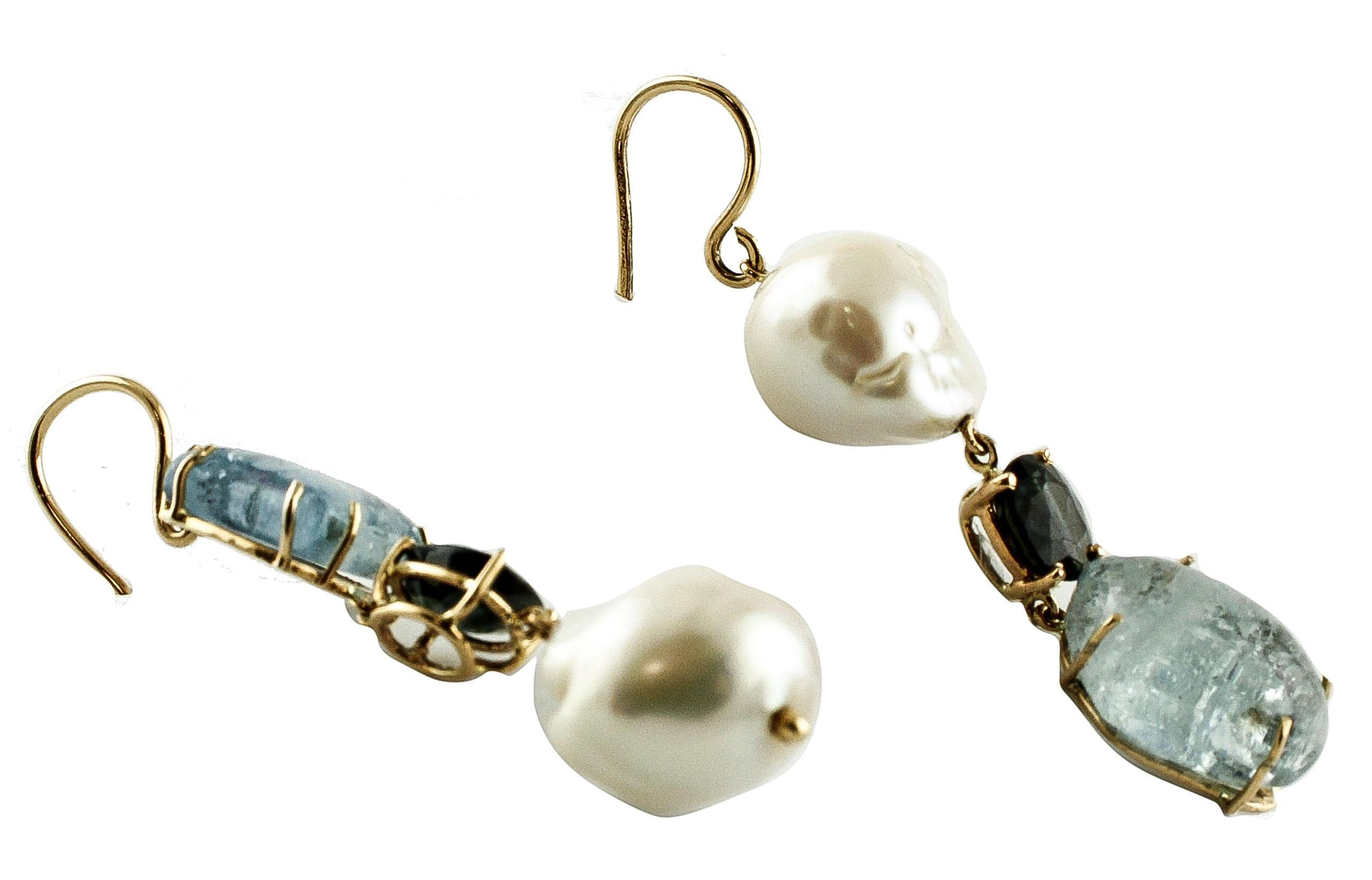Blue Sapphires, Aquamarine, Pearls Rose Gold Drop Earrings (Retro)
