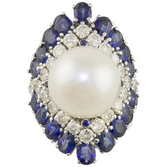 Blue Sapphires Australian Pearl and Diamonds Fashion Ring Blue Sapphires Australian Pearl and Diamonds Fashion Ring