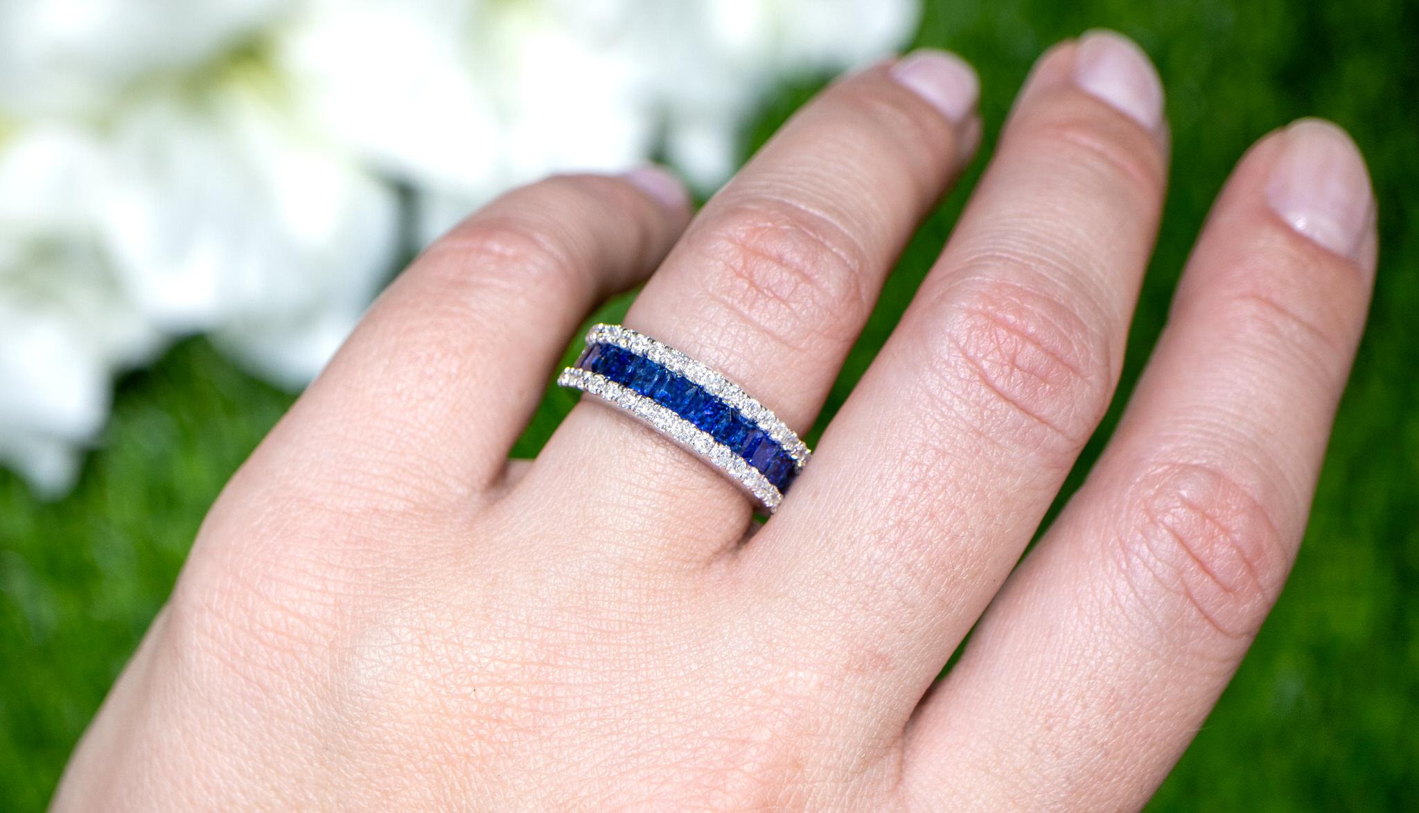 Contemporary Blue Sapphires Band Ring With Diamonds 2.42 Carats 18K Gold For Sale