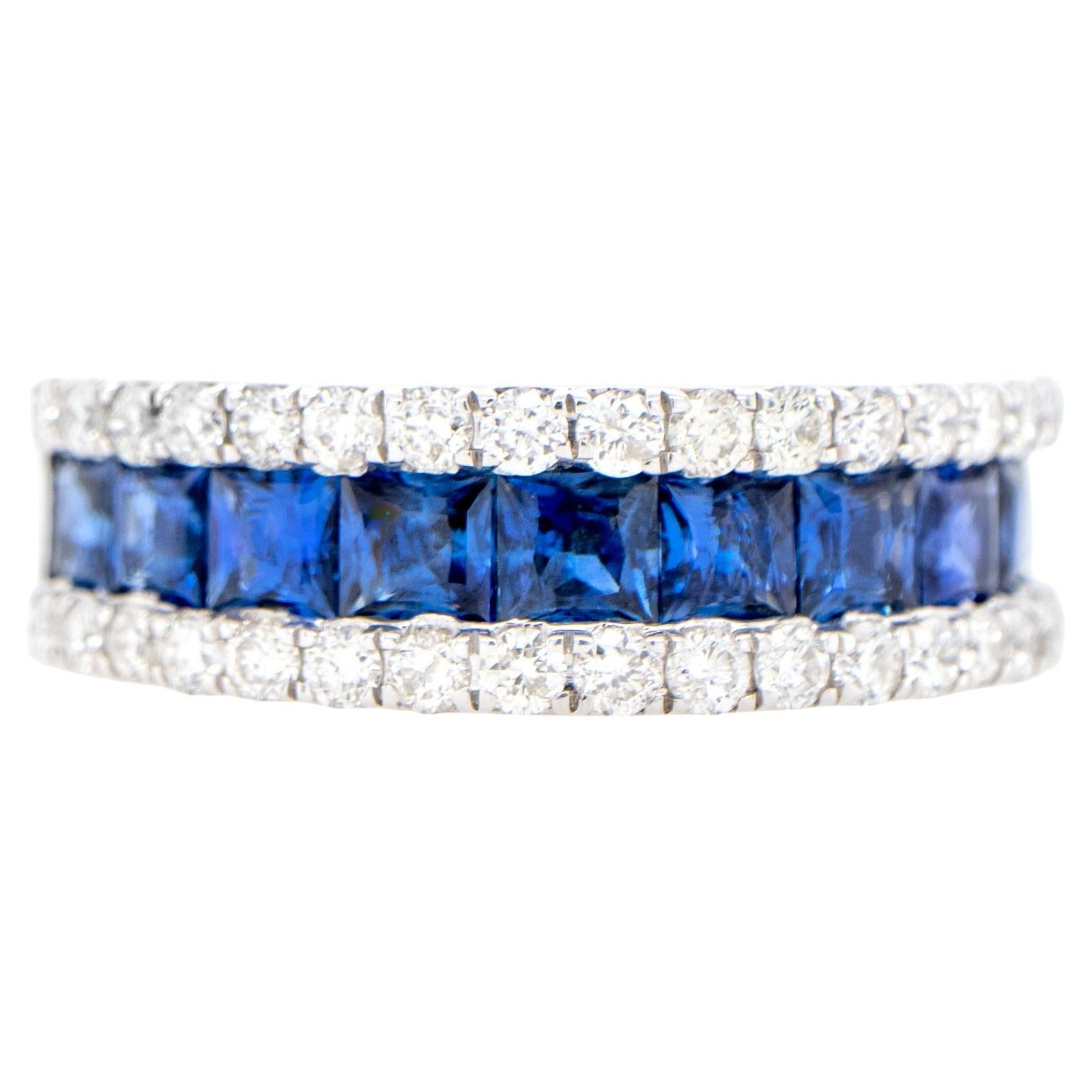 Blue Sapphires Band Ring With Diamonds 2.42 Carats 18K Gold For Sale