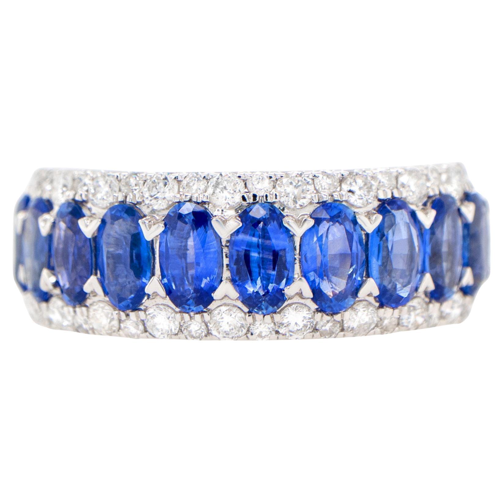 Blue Sapphires Band Ring With Diamonds 2.70 Carats 18K Gold For Sale