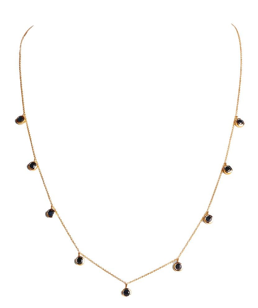 Round Cut Blue Sapphires Chain Necklace 1.1 Carats 10K Yellow Gold For Sale