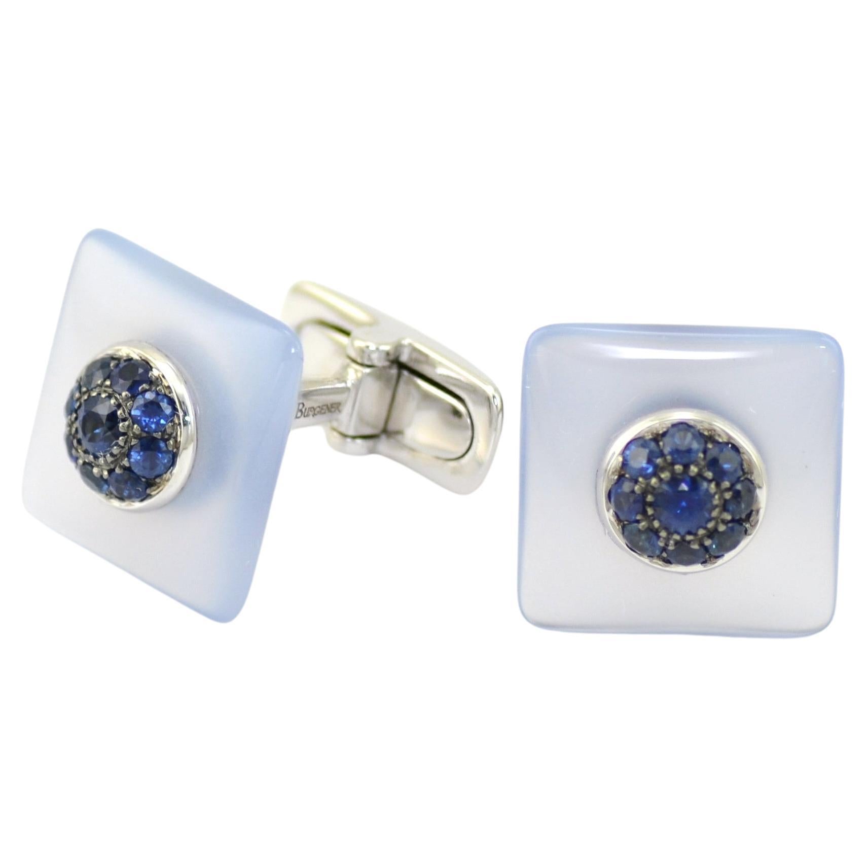 Blue Sapphires Chalcedony 18 KT White Gold  Made in Italy Cufflinks