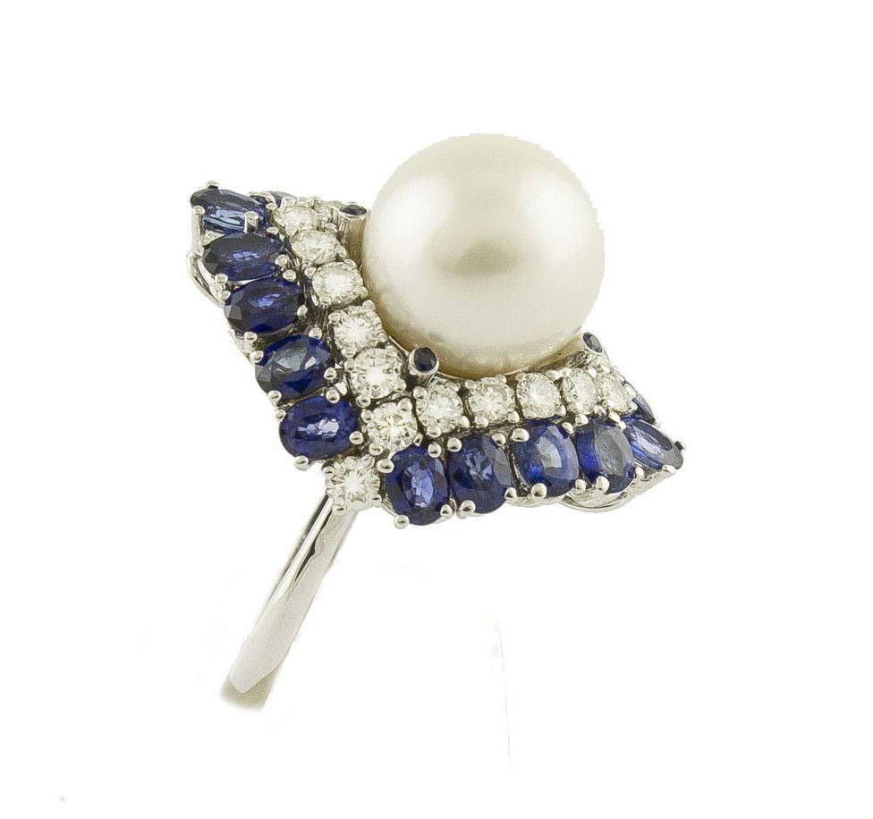 Retro Blue Sapphires  Australian Pearl and Diamonds Fashion Ring