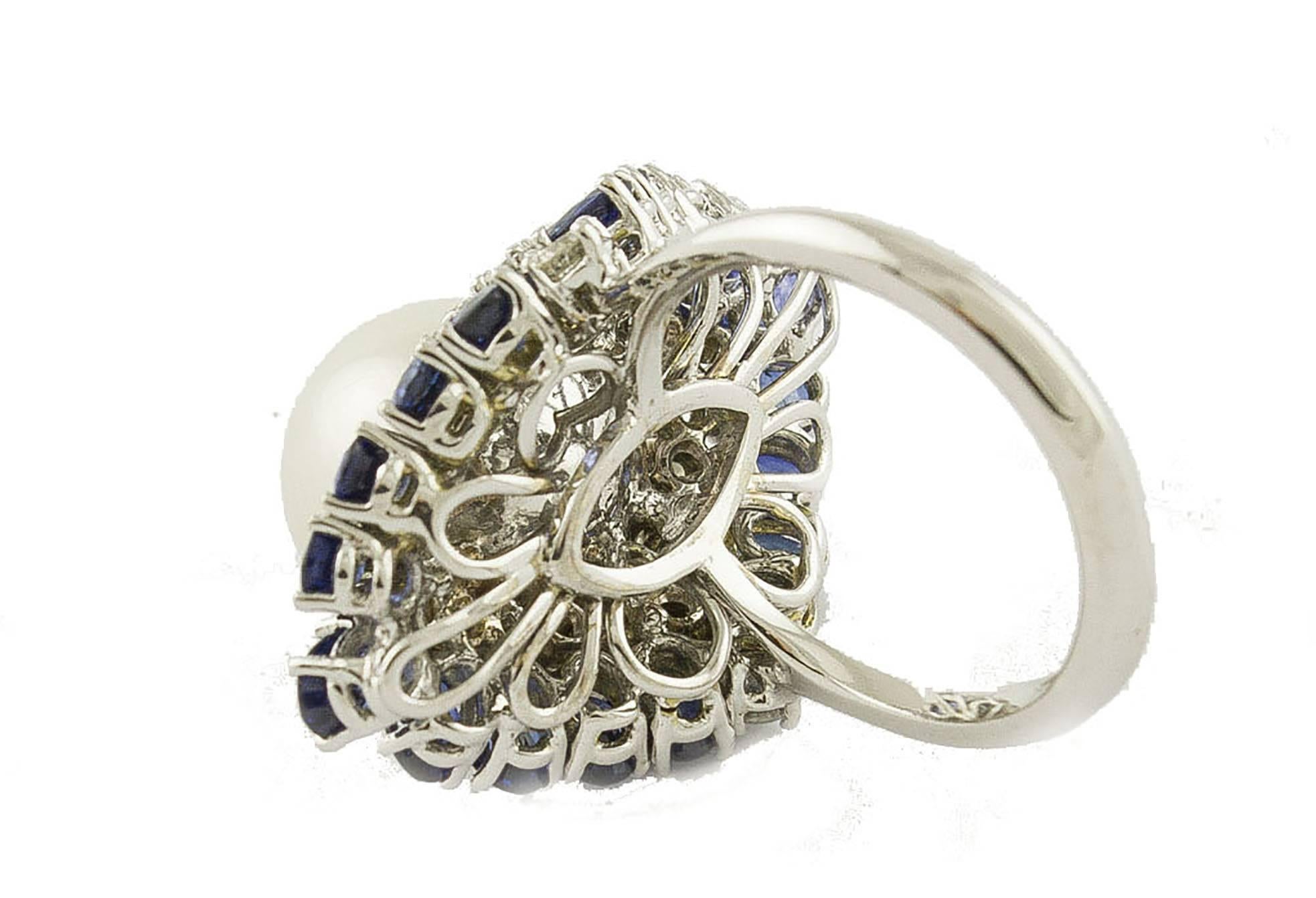 Women's Blue Sapphires  Australian Pearl and Diamonds Fashion Ring