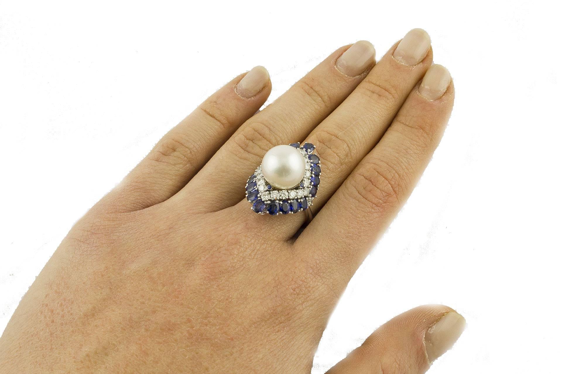 Blue Sapphires  Australian Pearl and Diamonds Fashion Ring 1