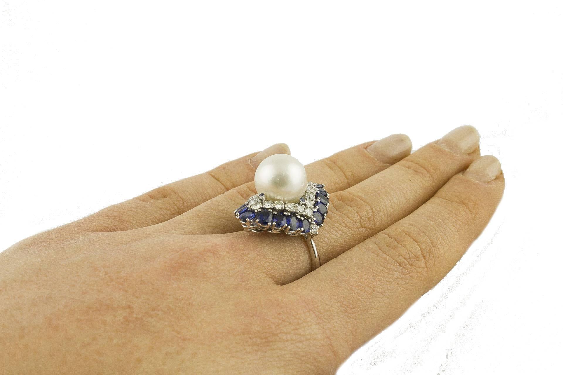 Blue Sapphires  Australian Pearl and Diamonds Fashion Ring 2