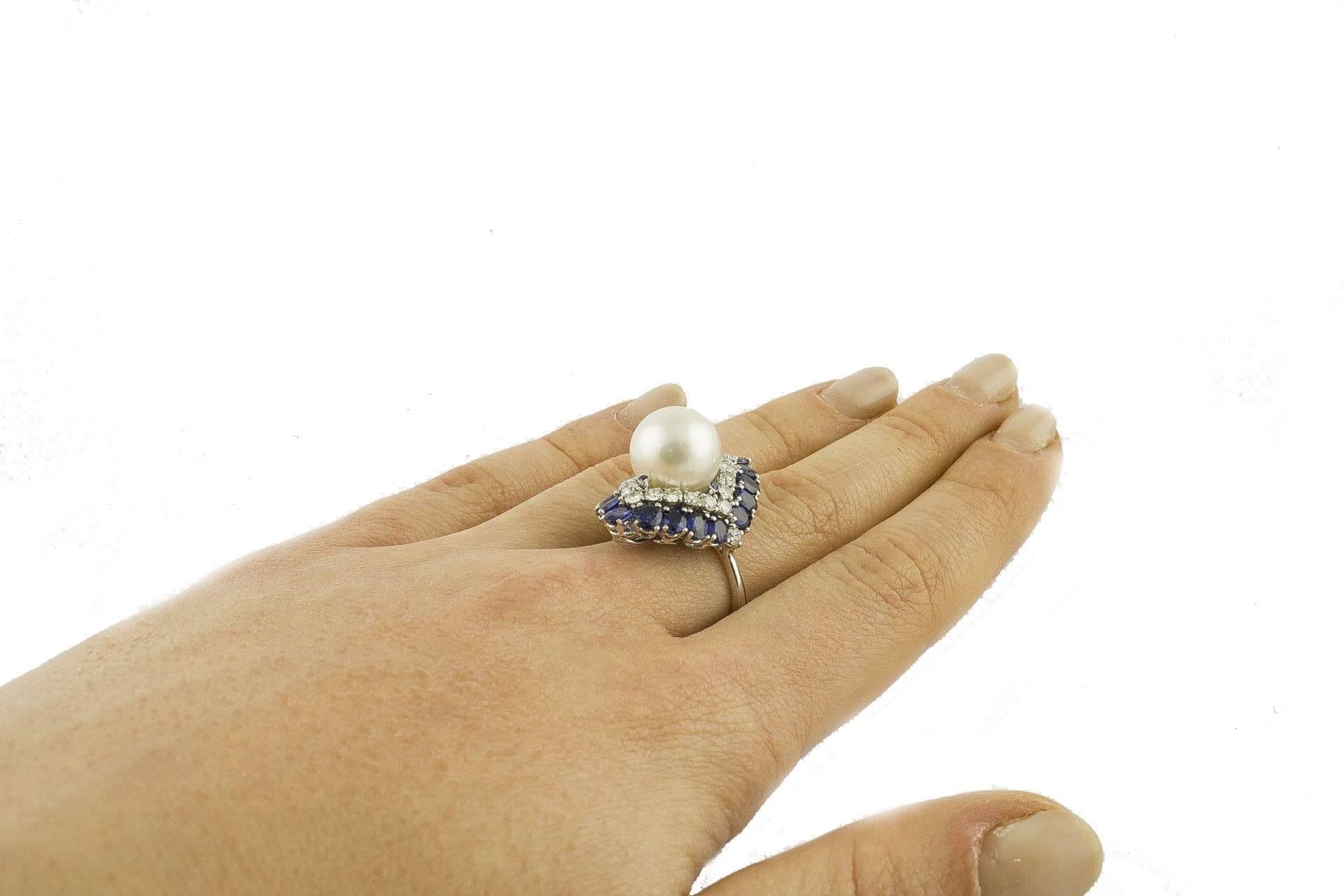 Blue Sapphires  Australian Pearl and Diamonds Fashion Ring 3