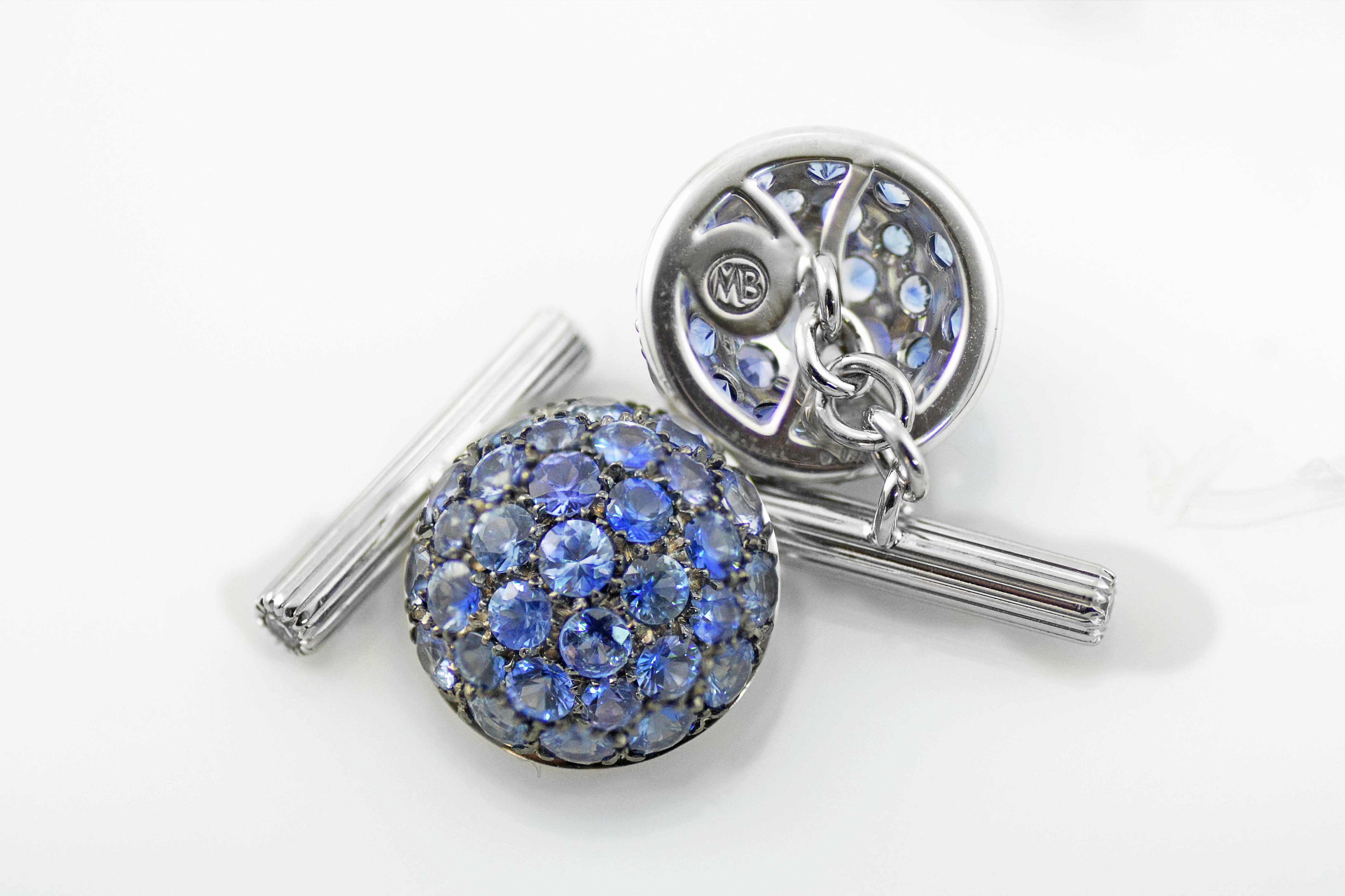 Contemporary Blue Sapphires Diamond 18 KT White Gold Boule Made in Italy Cufflinks