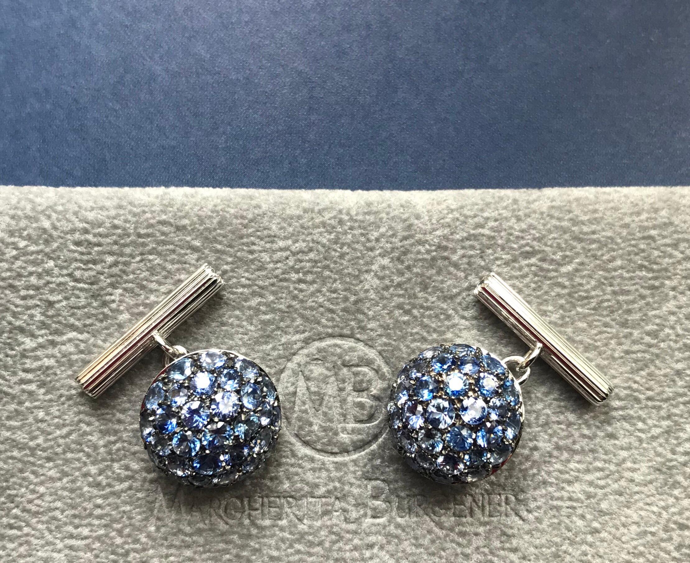 Round Cut Blue Sapphires Diamond 18 KT White Gold Boule Made in Italy Cufflinks