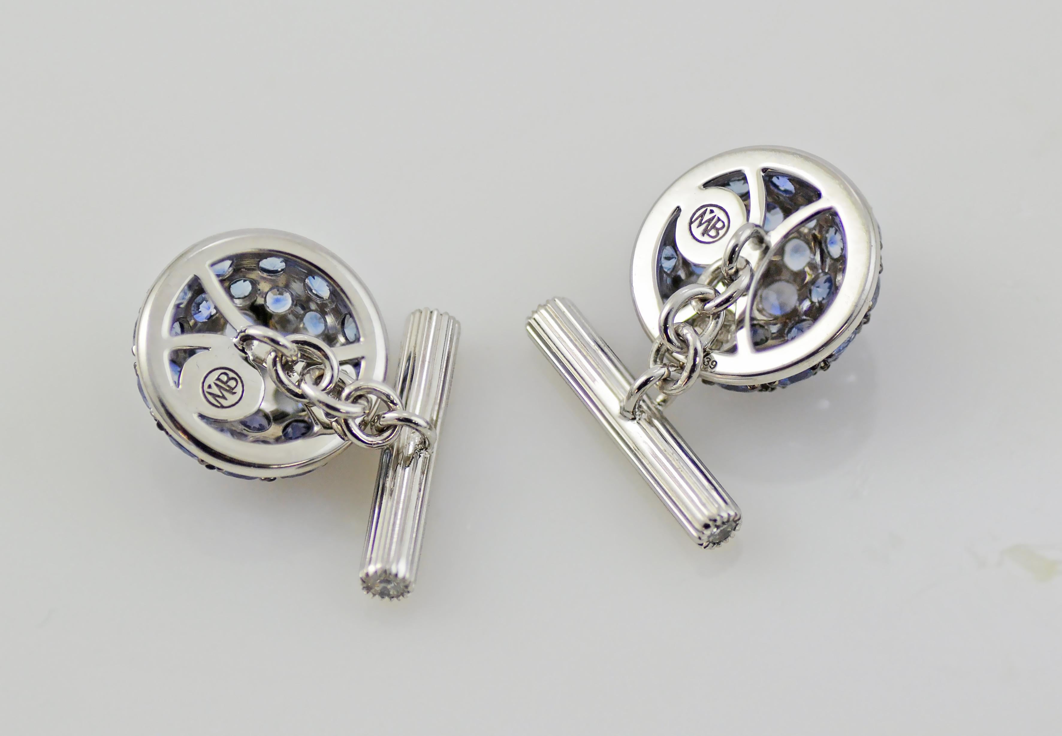 Blue Sapphires Diamond 18 KT White Gold Boule Made in Italy Cufflinks In New Condition In Valenza , IT