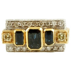 Blue Sapphires Diamonds 14 Karat and 18 Karat White and Yellow Gold Vintage Ring