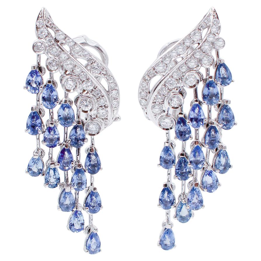 Blue Sapphires, Diamonds, 14 Karat White Gold Chandelier Earrings