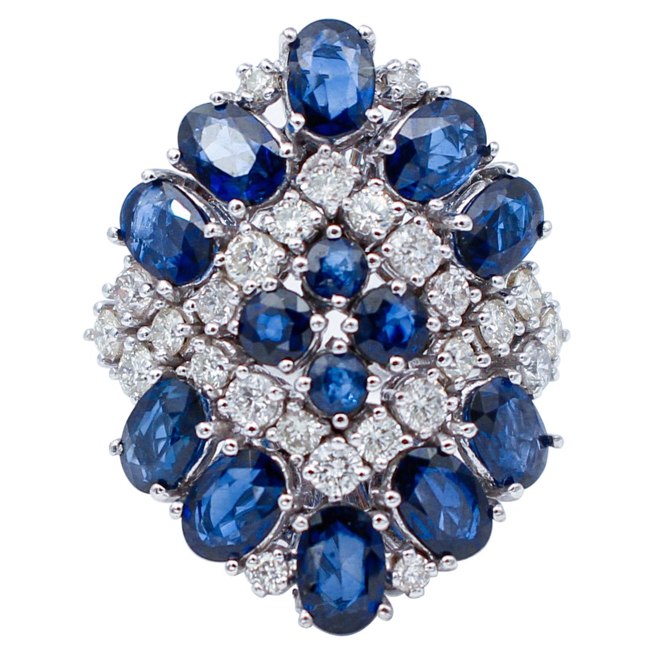 Blue Sapphires, Diamonds, 14 Karat White Gold Ring