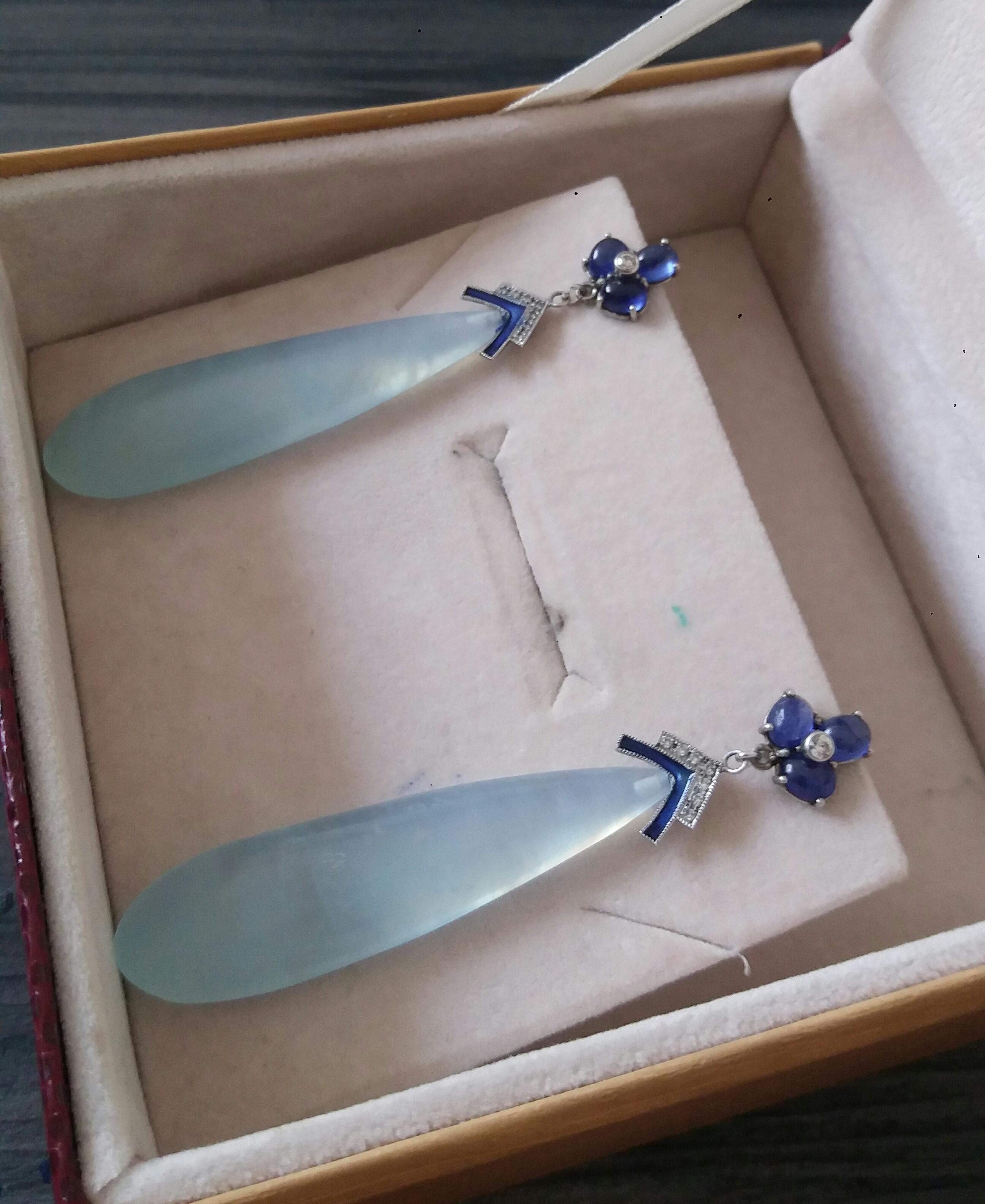 Blue Sapphires Diamonds 14K Solid White Gold Enamel Aquamarine Drops Earrings  For Sale 4
