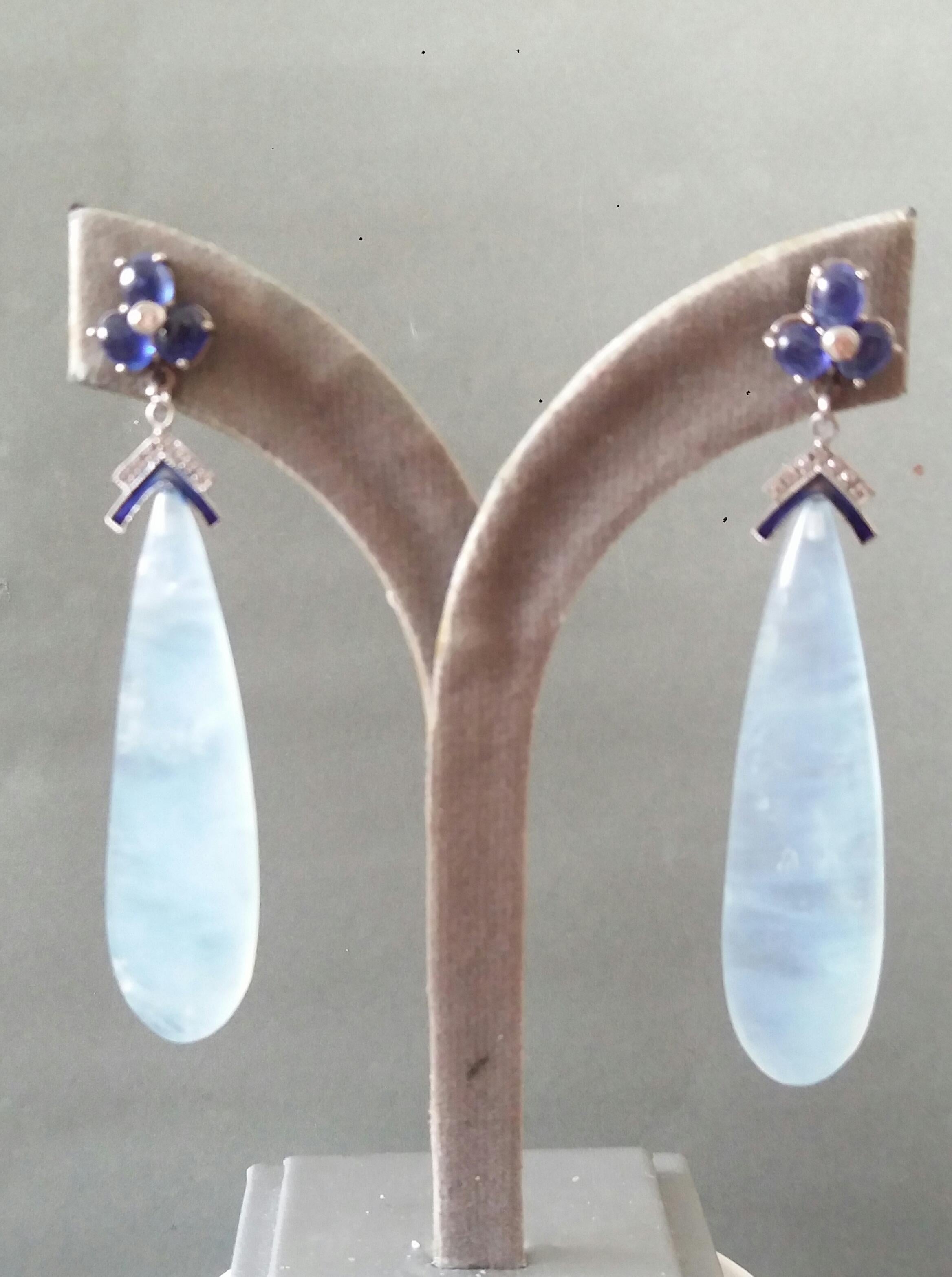 Blue Sapphires Diamonds 14K Solid White Gold Enamel Aquamarine Drops Earrings  For Sale 6