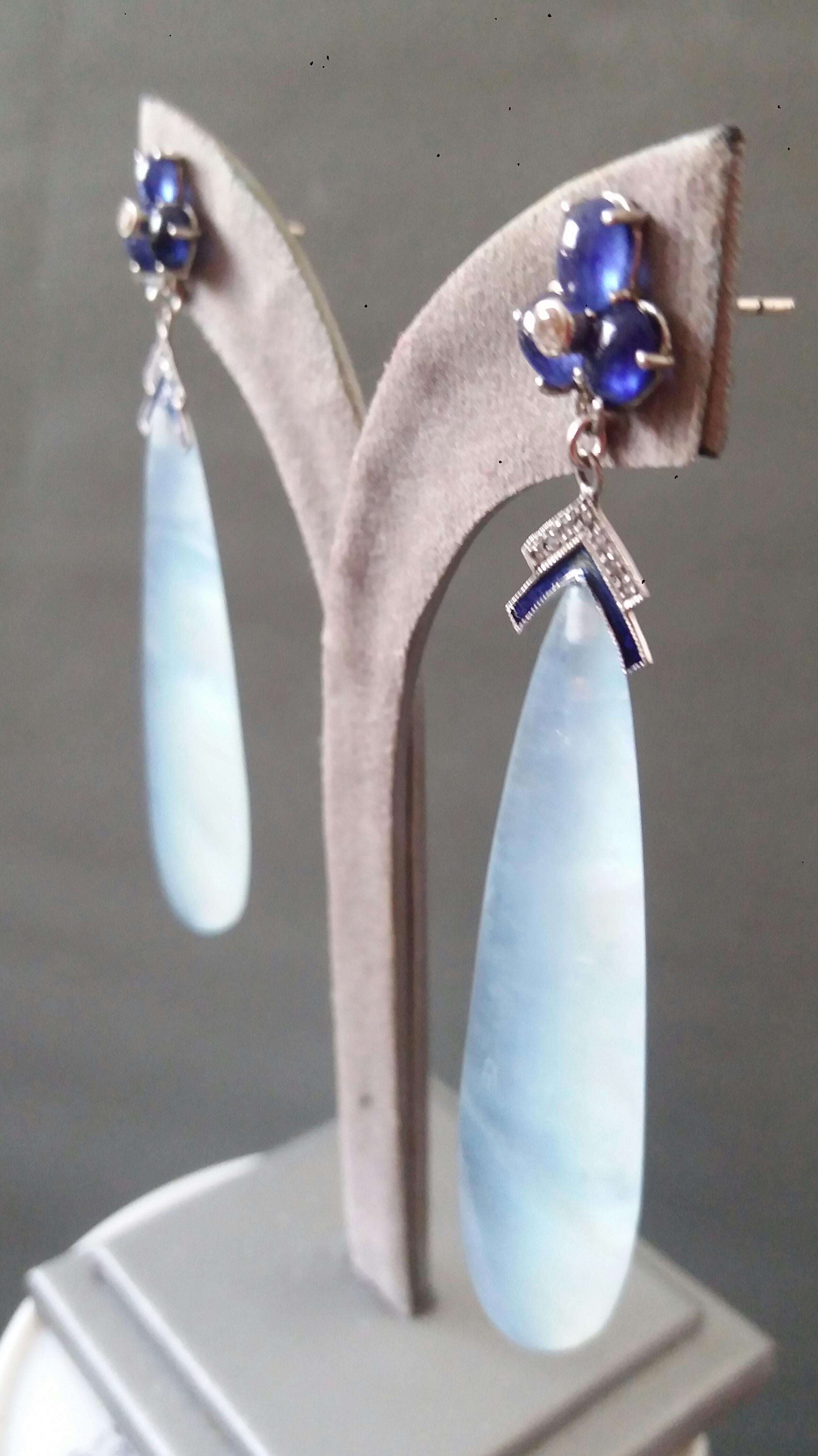 Blue Sapphires Diamonds 14K Solid White Gold Enamel Aquamarine Drops Earrings  For Sale 7