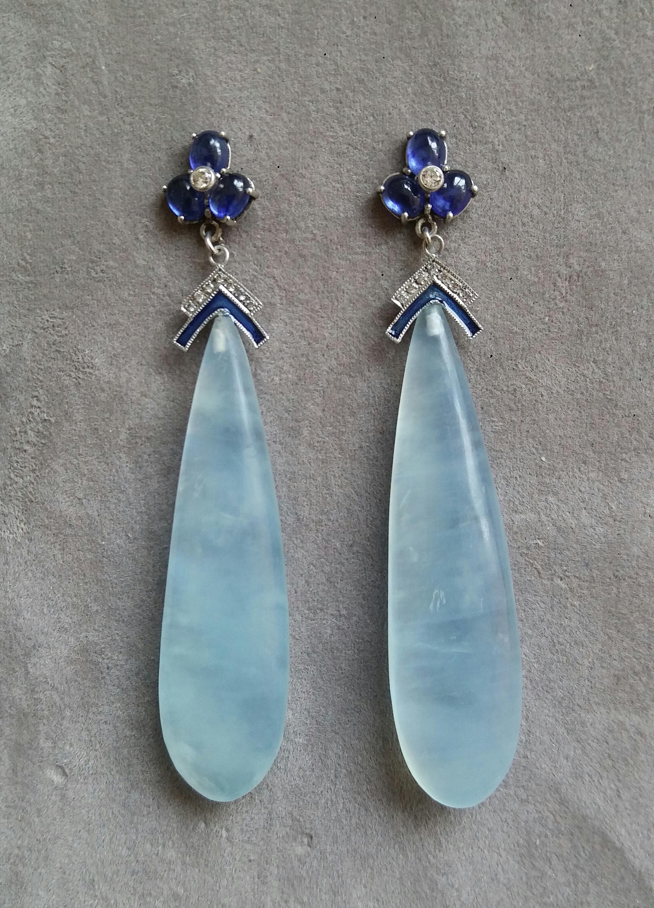 Art Deco Blue Sapphires Diamonds 14K Solid White Gold Enamel Aquamarine Drops Earrings  For Sale