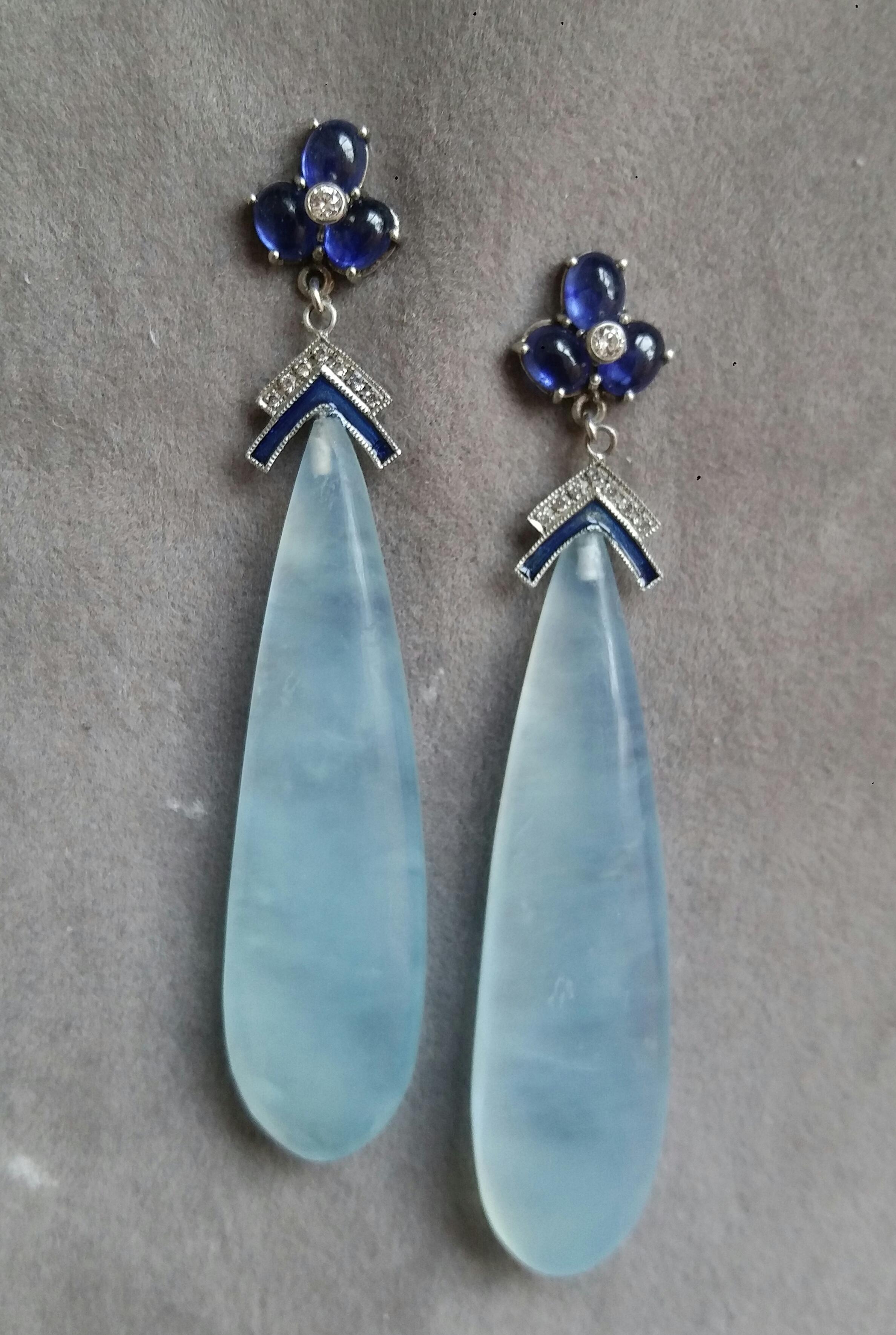 Mixed Cut Blue Sapphires Diamonds 14K Solid White Gold Enamel Aquamarine Drops Earrings  For Sale