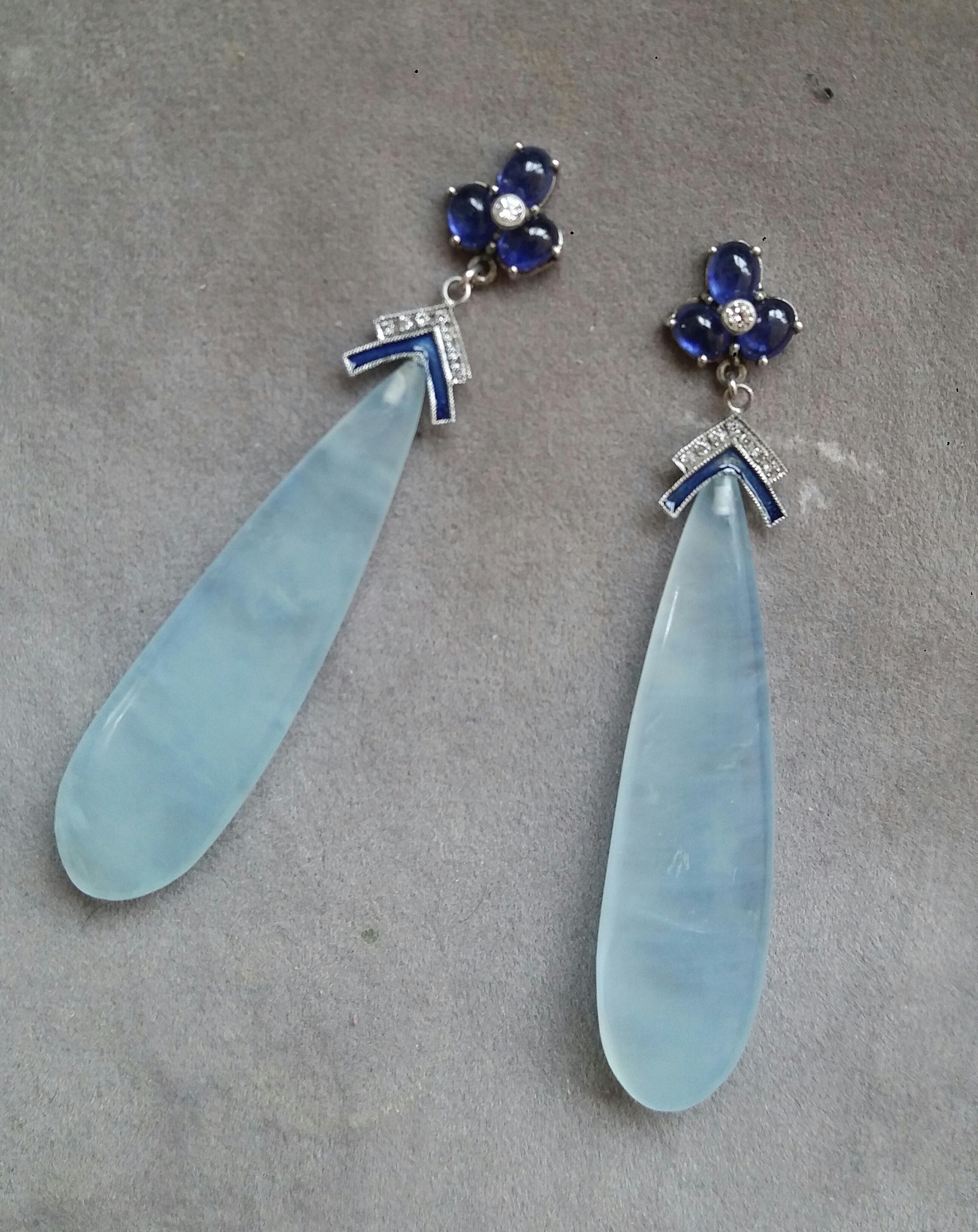 Blue Sapphires Diamonds 14K Solid White Gold Enamel Aquamarine Drops Earrings  In New Condition For Sale In Bangkok, TH