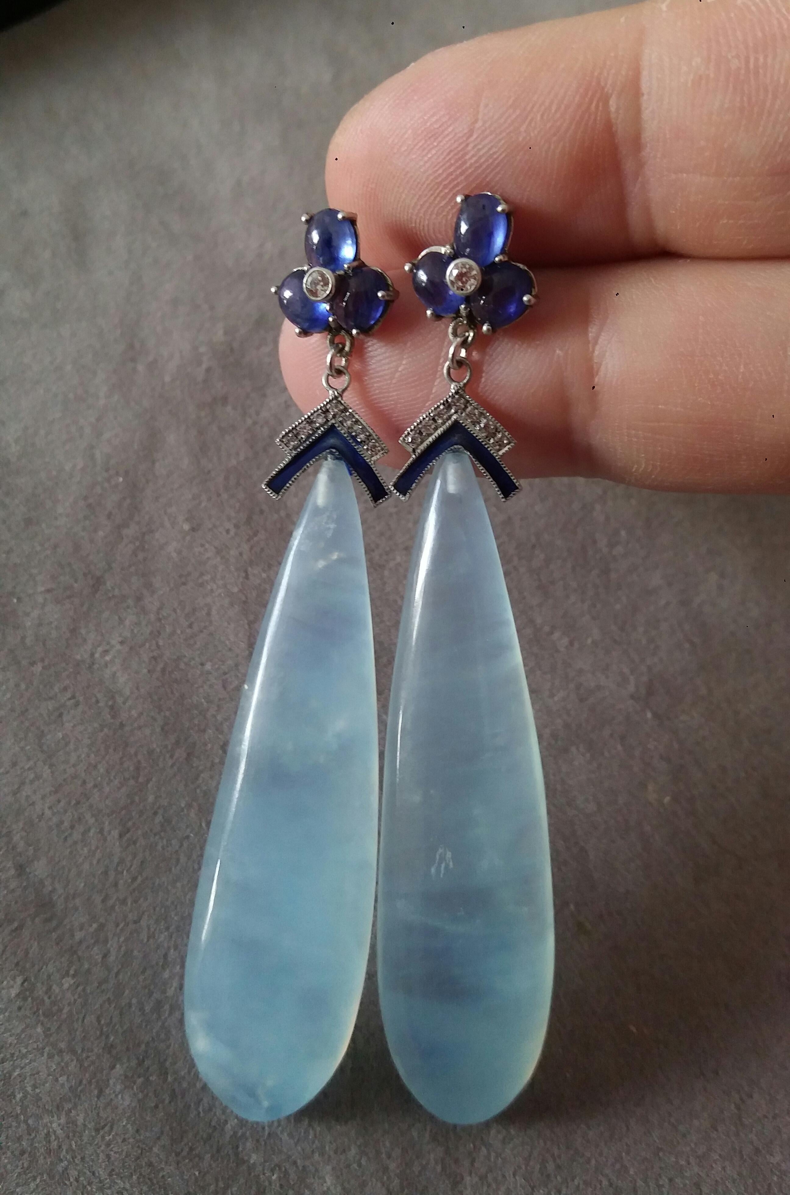 Women's Blue Sapphires Diamonds 14K Solid White Gold Enamel Aquamarine Drops Earrings  For Sale