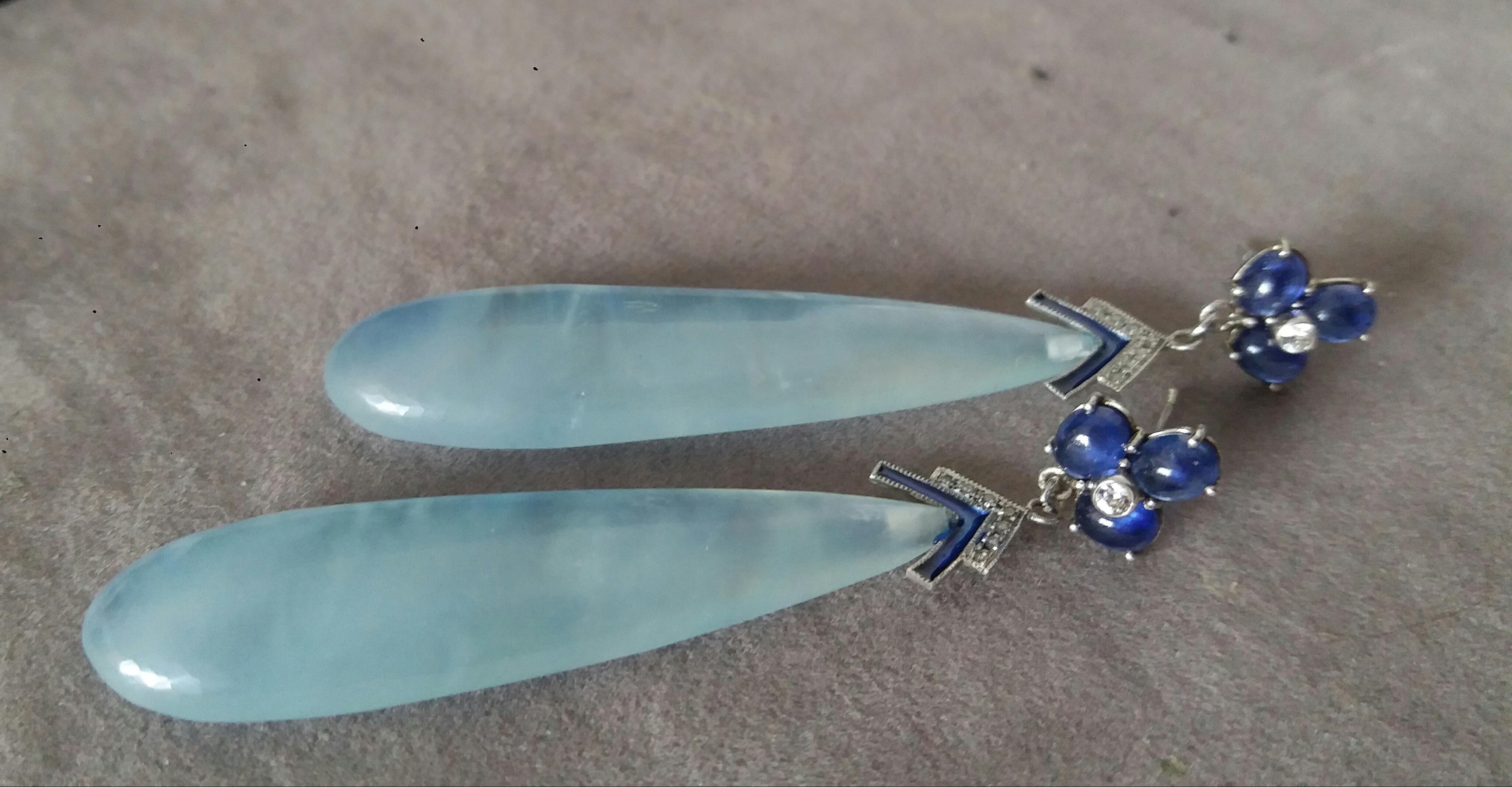 Blue Sapphires Diamonds 14K Solid White Gold Enamel Aquamarine Drops Earrings  For Sale 1
