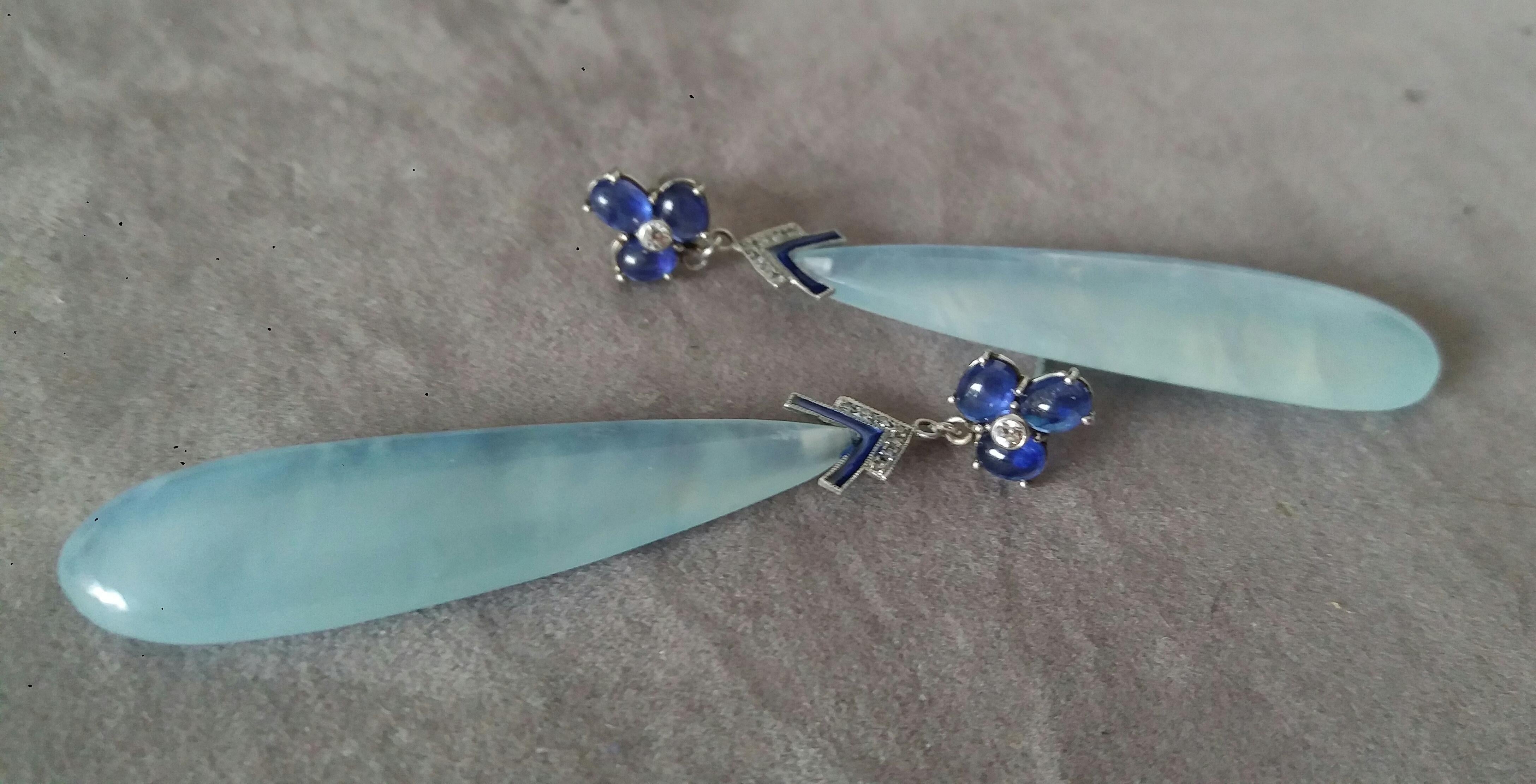 Blue Sapphires Diamonds 14K Solid White Gold Enamel Aquamarine Drops Earrings  For Sale 2