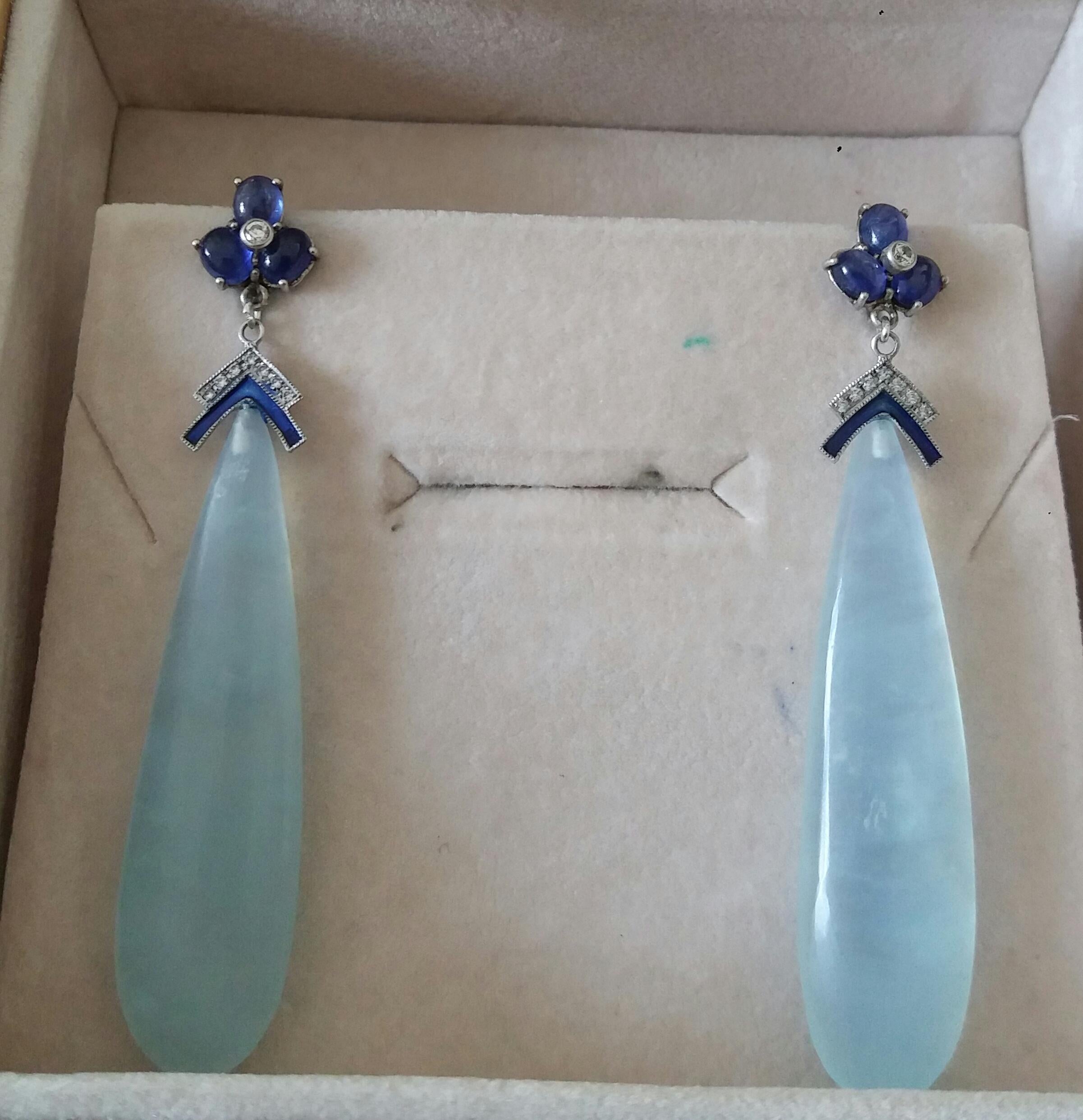 Blue Sapphires Diamonds 14K Solid White Gold Enamel Aquamarine Drops Earrings  For Sale 3