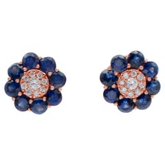 Blue Sapphires, Diamonds, 18 Karat Rose Gold Stud Earrings