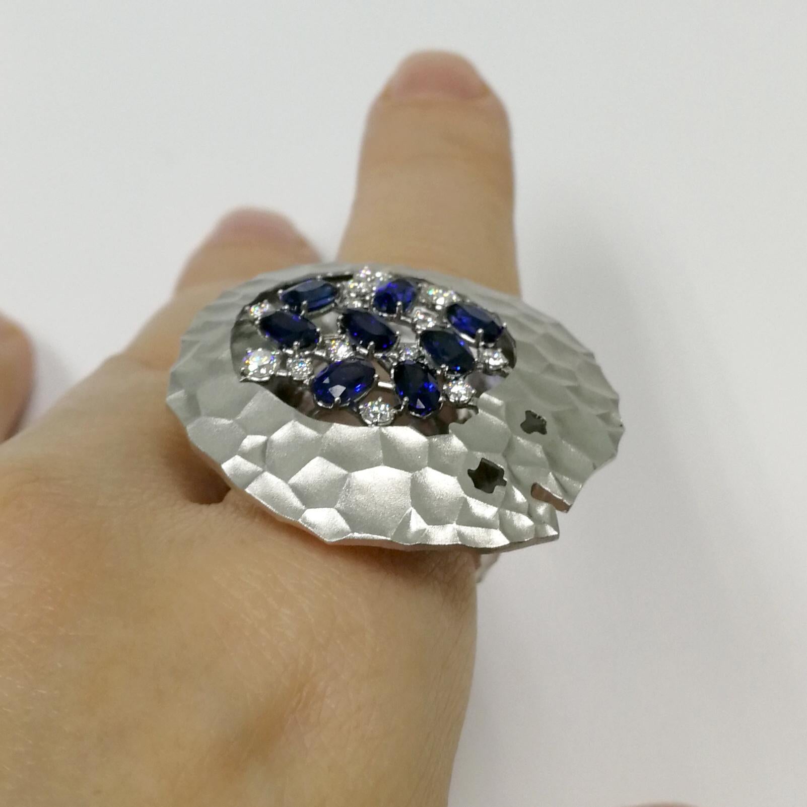 Blue Sapphires Diamonds 18 Karat White Gold Big Oasis Ring For Sale 1