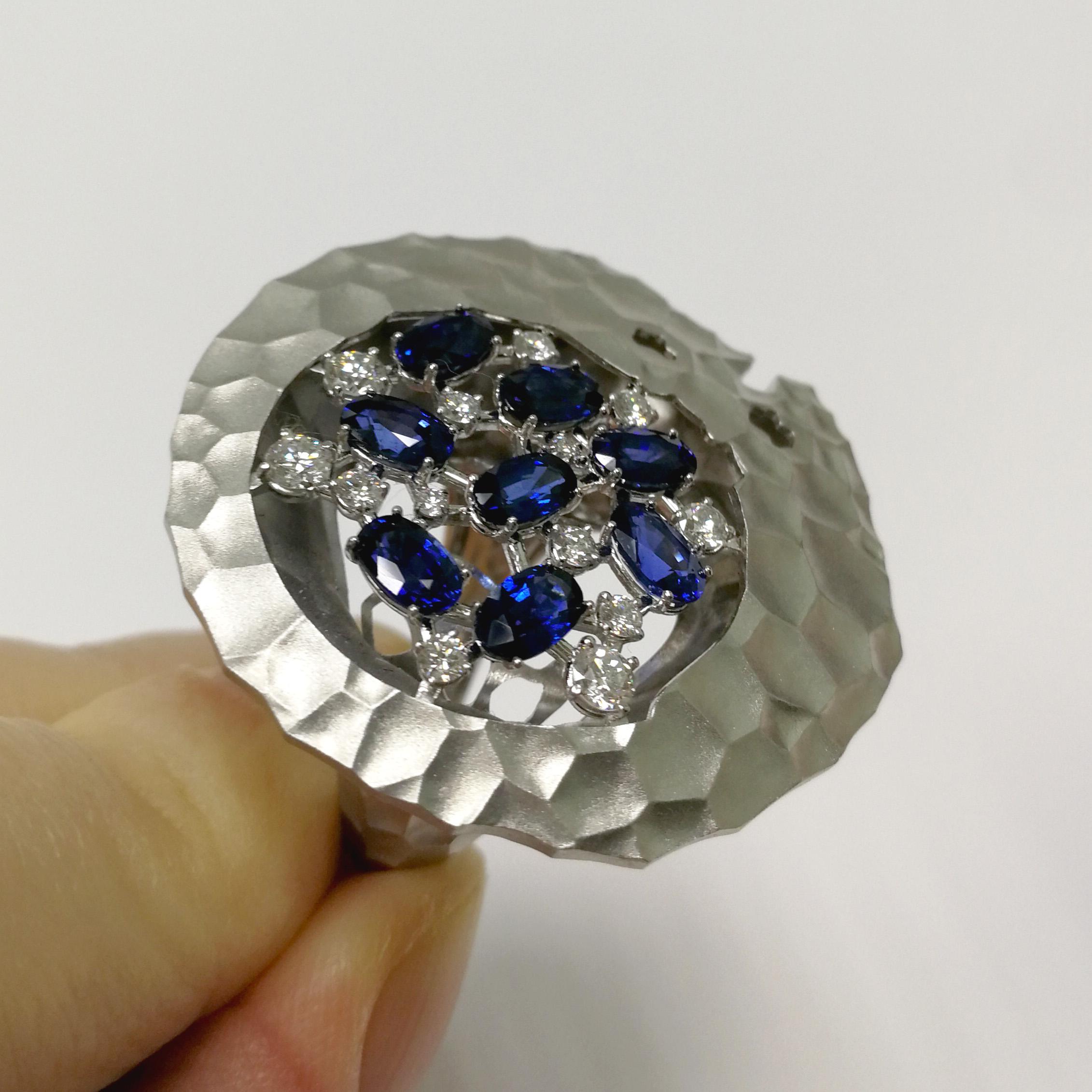 Oval Cut Blue Sapphires Diamonds 18 Karat White Gold Big Oasis Ring For Sale