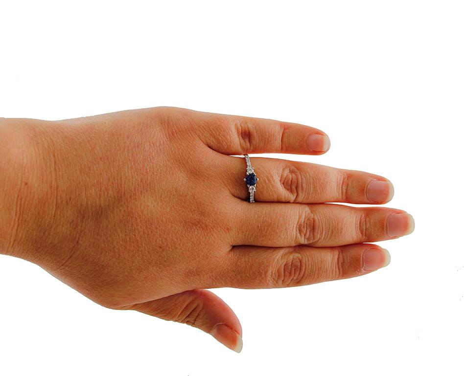 Women's Blue Sapphires, Diamonds, 18 Karat White Gold Engagement Ring