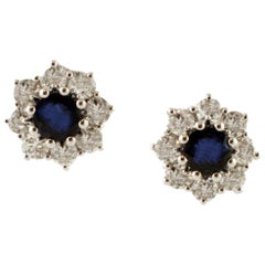 Blue Sapphires, Diamonds, 18 Karat White Gold Flower Stud Earrings