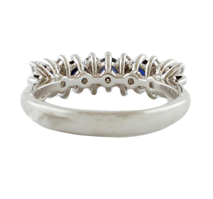 Brilliant Cut Blue Sapphires, Diamonds, 18 Karat White Gold Modern Ring For Sale