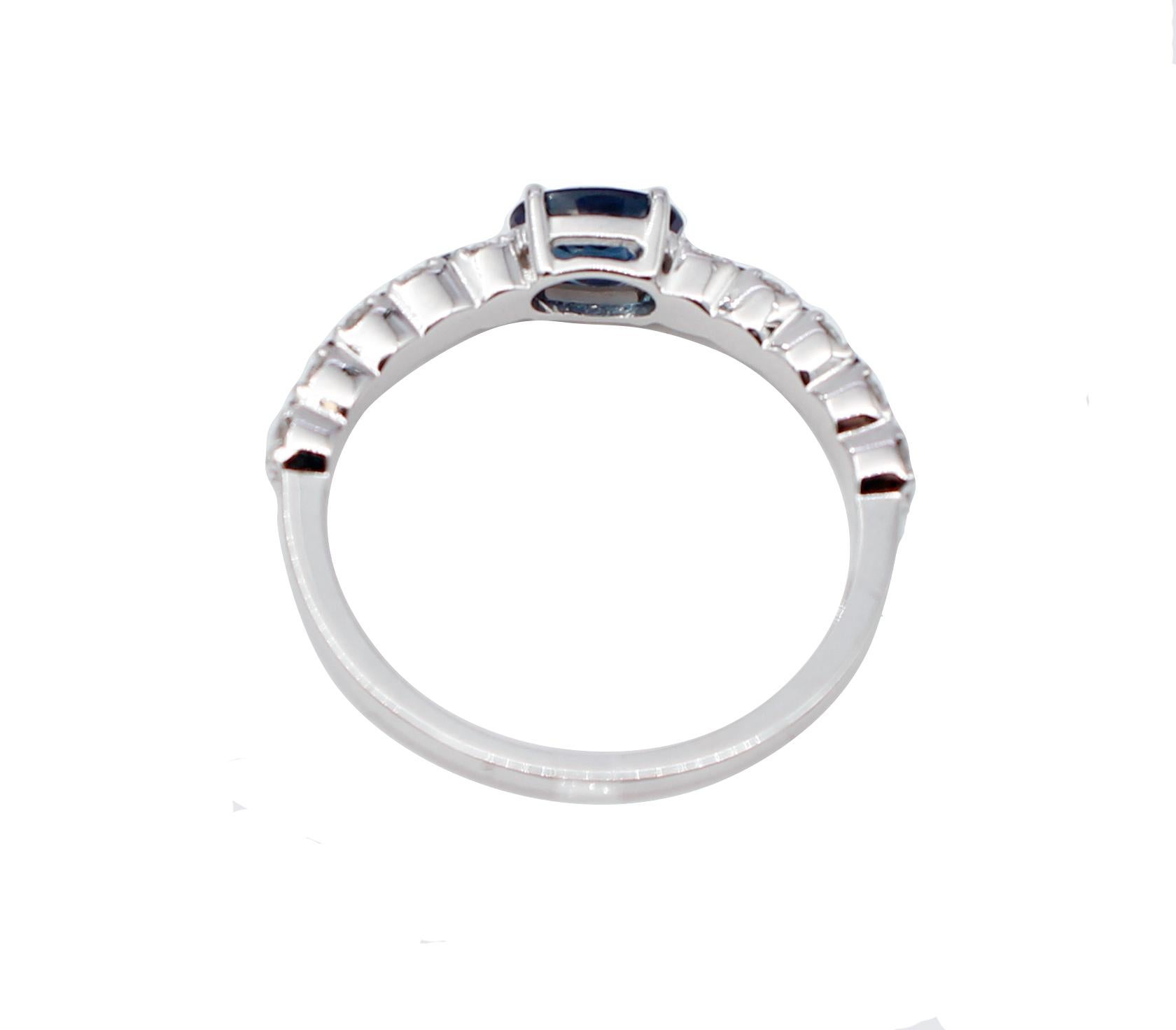 Mixed Cut Blue Sapphires, Diamonds, 18 Karat White Gold Modern Ring For Sale