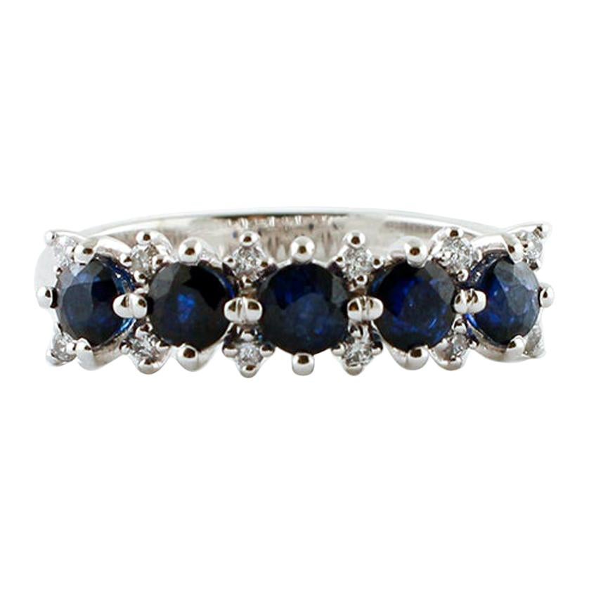 Blue Sapphires, Diamonds, 18 Karat White Gold Modern Ring For Sale